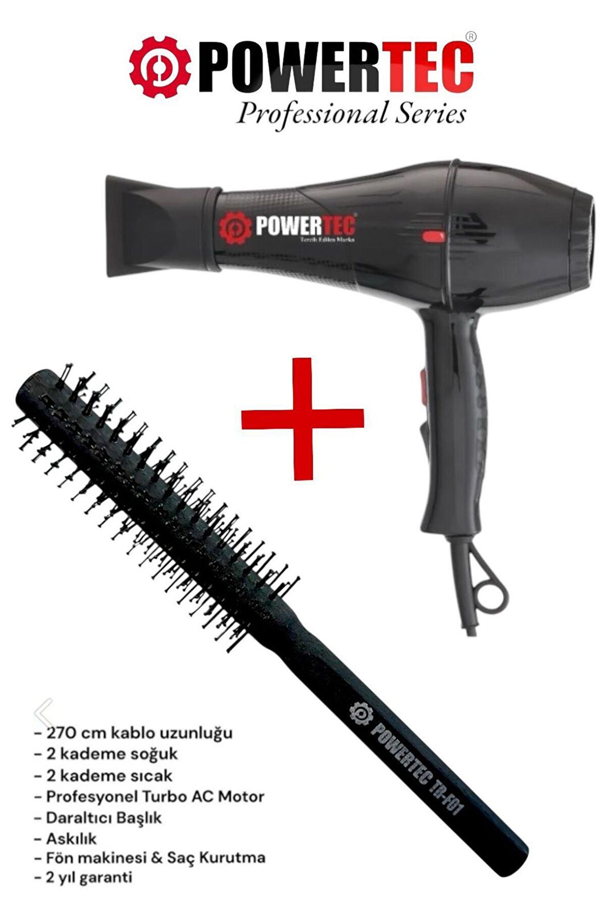 Powertec Tr-701 Profesyonel Fön Makinesi + Powertec Berber Fön Fırçası