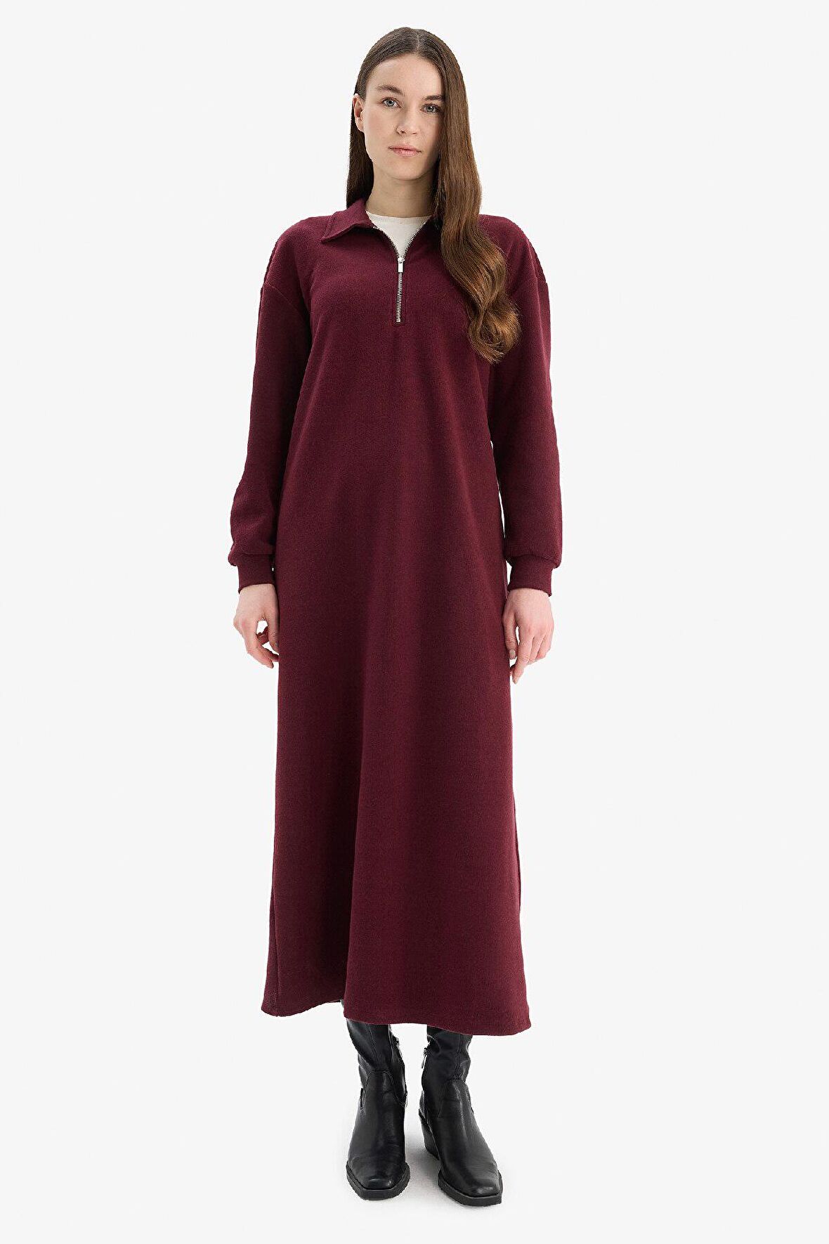 DeFacto Loose Fit Fermuarlı Polo Yaka Selanik Kumaş Basic Düz Uzun Kollu Midi Elbise F1640AX25SPBR204