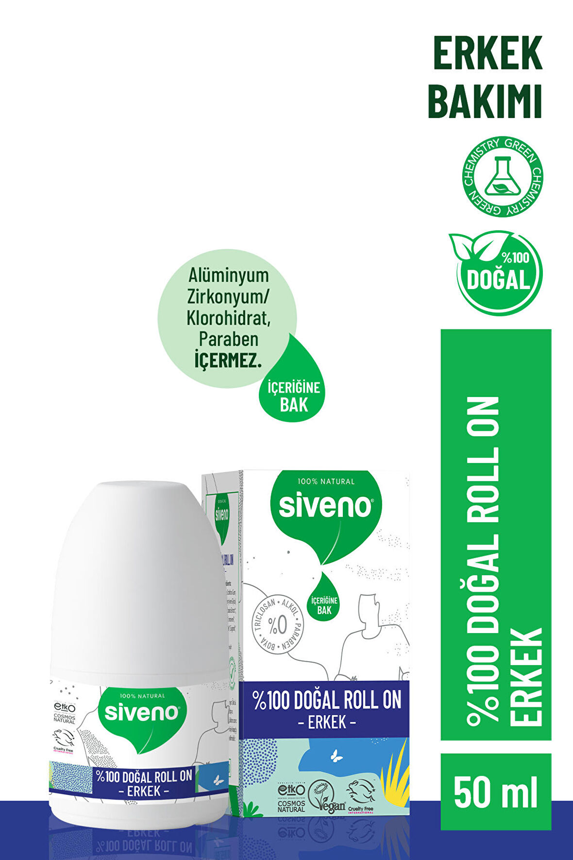 Siveno %100 Doğal Roll-on Erkek Deodorant Ter Kokusu Önleyici Bitkisel Leke Bırakmayan Vegan 50 ml