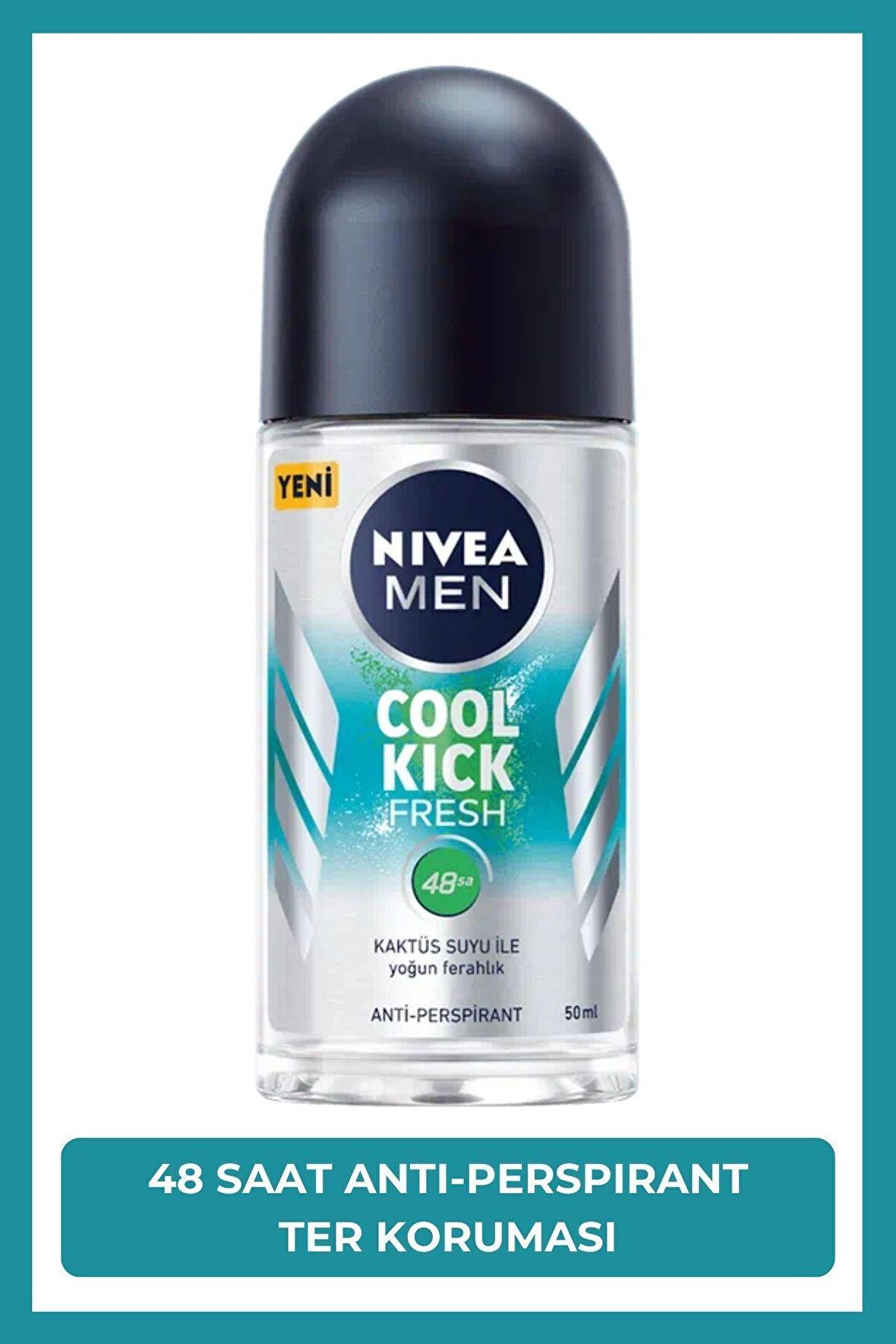 Nivea MEN Erkek Roll-on Deodorant Cool Kick 50ml, 48 Saat Anti-perspirant Ter Koruma, Kaktüs Suyu,Ferahlık