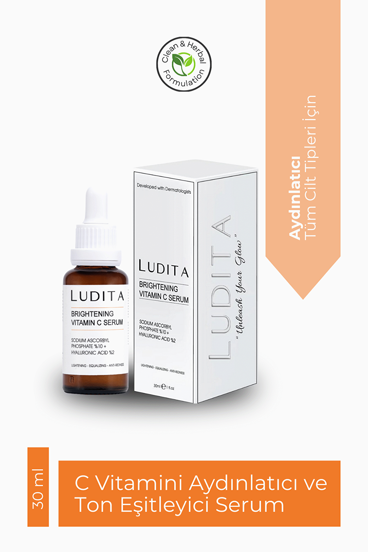 Ludita Aydınlatıcı, Renk Tonu Eşitleyici C Vitamini Serumu (Vitamin C 10% + Hyaluronic Acid 2%)