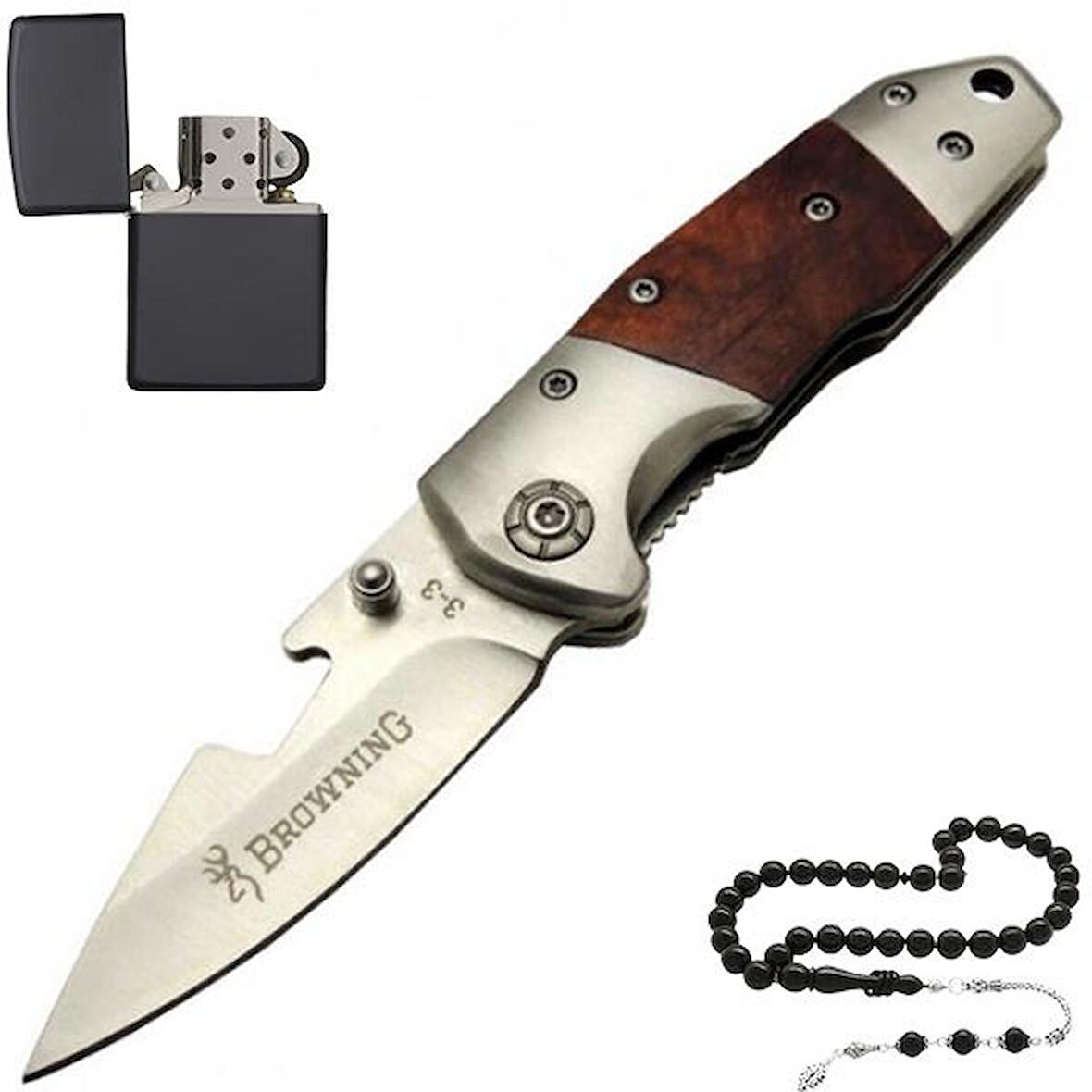 Browning Ahşap Saplı Outdoor Çakı Çakmak ve Tesbih Hediyeli 3-3 15,5 CM