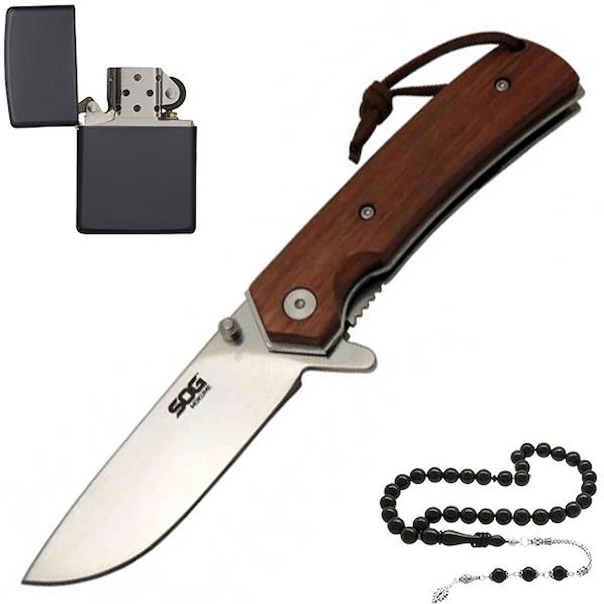 Sog Kapanabilir Outdoor Ahşap Saplı Çakı Çakmak ve Tesbih Hediyeli WK401RD 18,5 CM