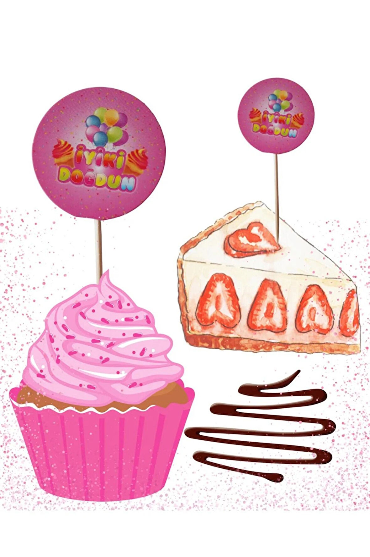 İyiki Doğdun Pembe Temalı Doğum Günü Cupcake & Pasta Süsleme Kürdanı 16 Adet 4 cm