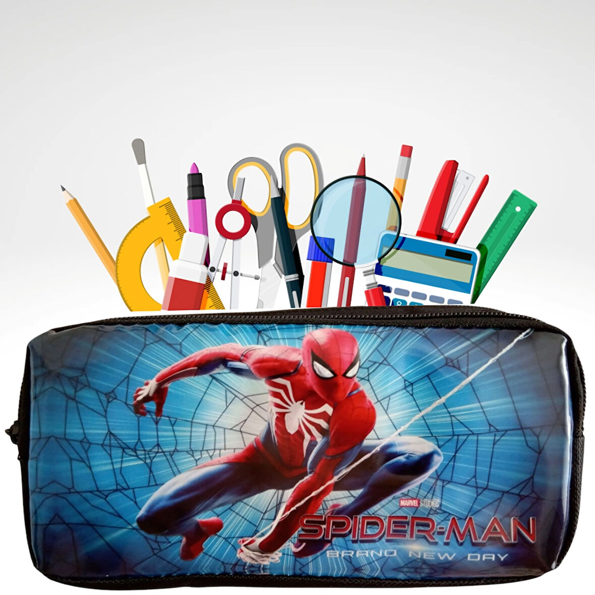 Spderman Örümcek Adam Temalı Kalem Kutusu Kalemlik Resimli Fermuarlı Kumaş Kalemlik Çift Gözlü