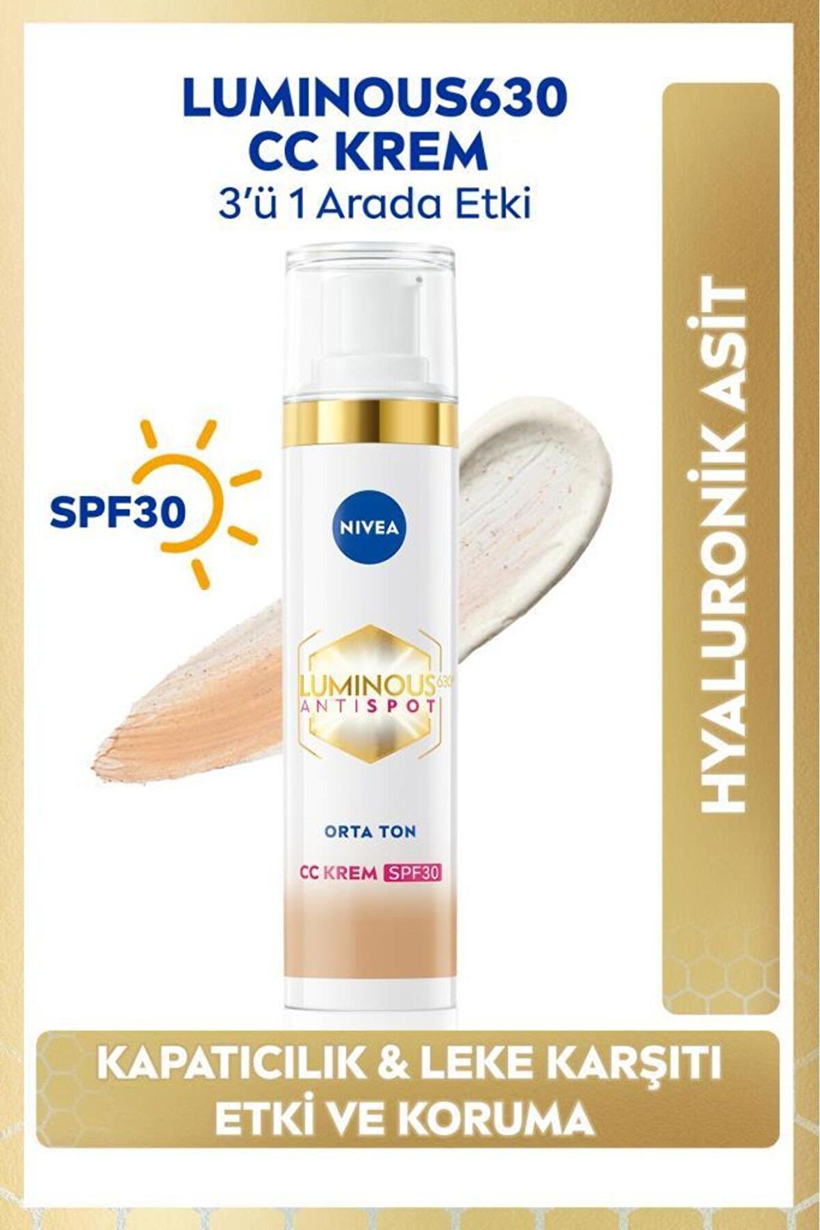 Nivea Luminous630 Koyu Leke Karşıtı CC Yüz Kremi 40ml, SPF30 Güneş Koruyucu, Hyaluronik Asit, Orta Ton