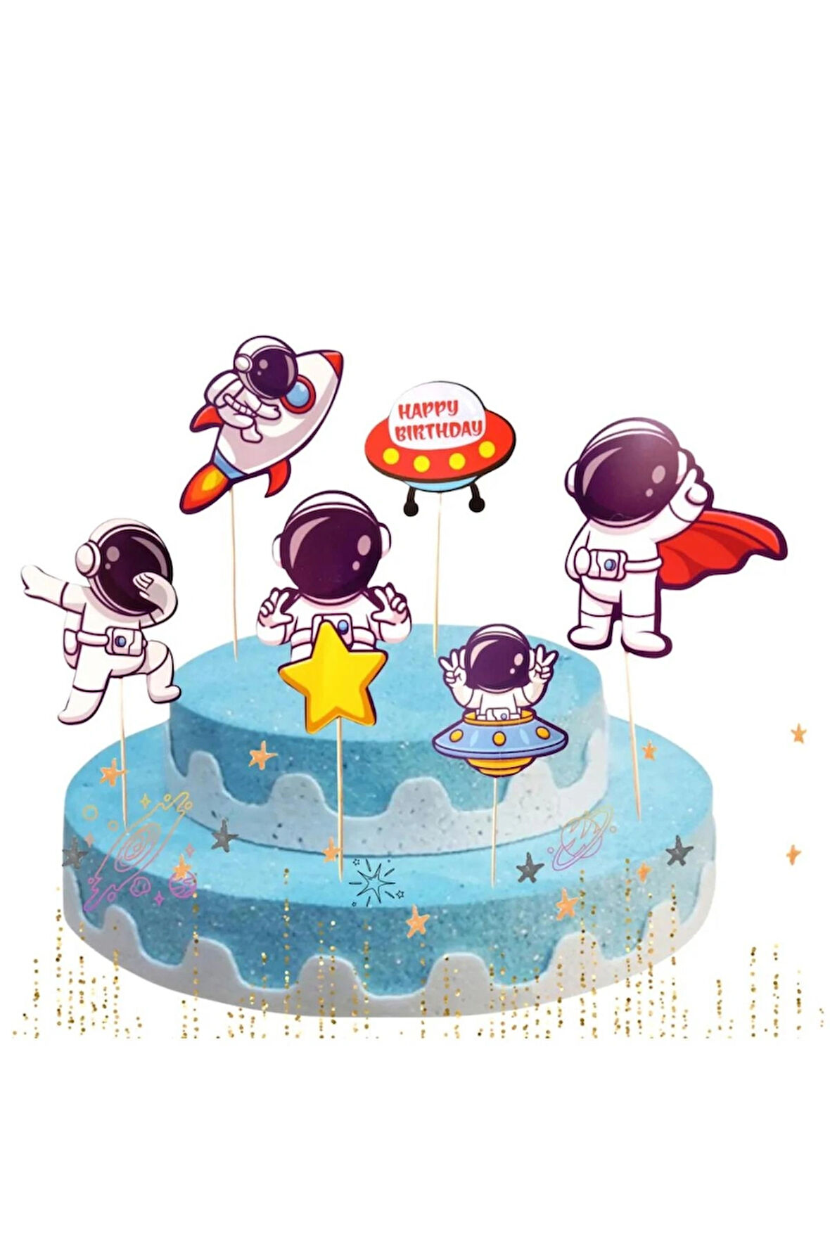 Uzay Figür Doğum Günü Konsept & Astronot Uzay Mekiği Temalı Pasta Kürdanı Süs Kürdan 6'lı