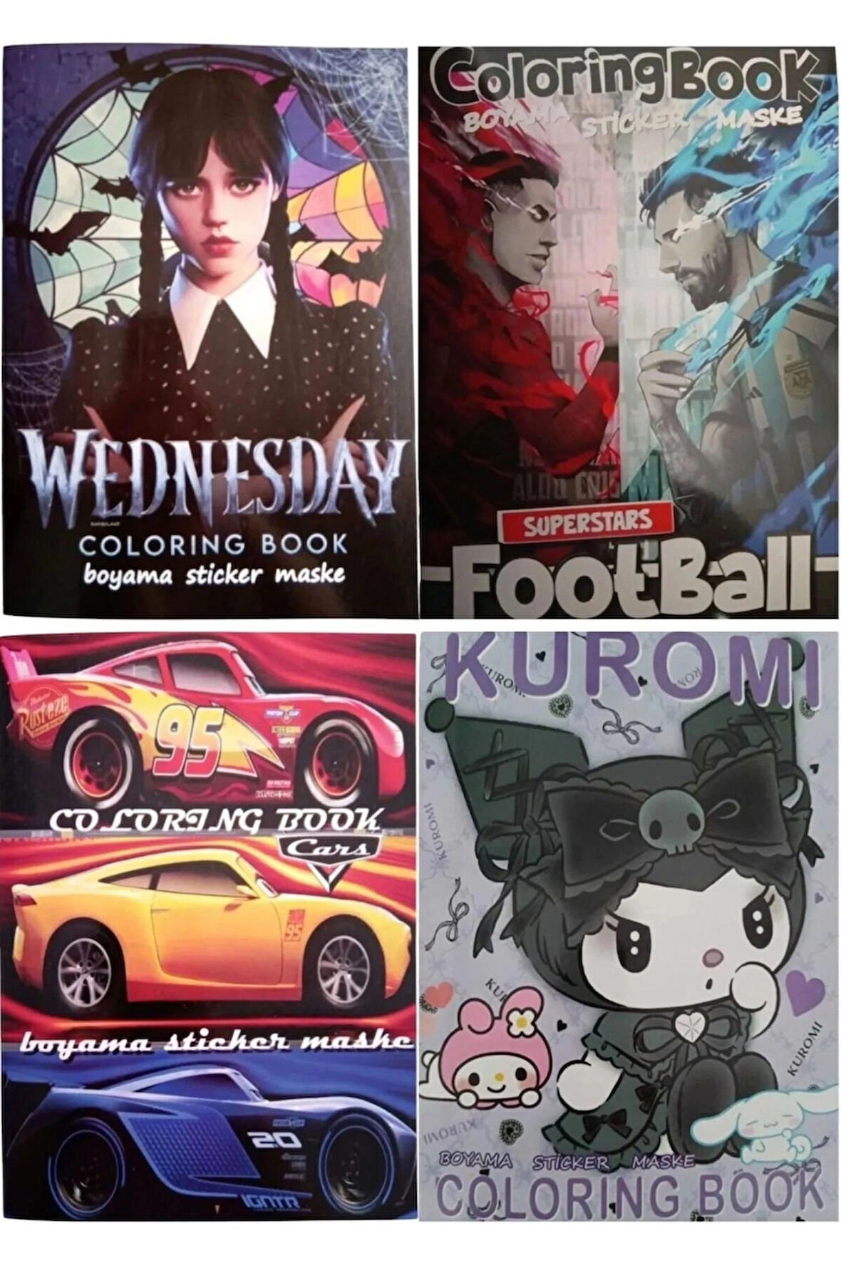  Wednesday Football Cars Kuromi Boyama Kitabı Stickerlı 12'li Boya Kalemi Hediye