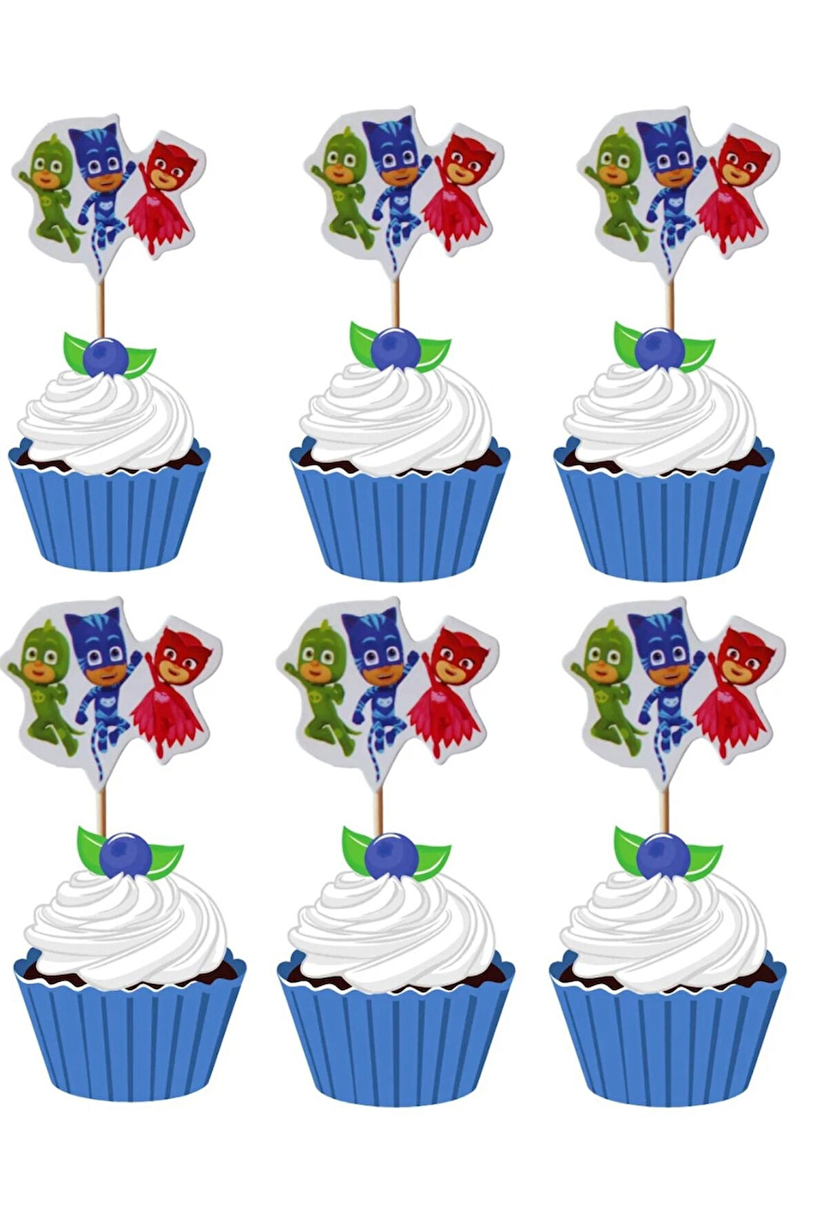  PJ Maskeliler Temalı Doğum Günü Cupcake & Pasta Süsleme Kürdanı Pj Masks 16 Adet 4 cm