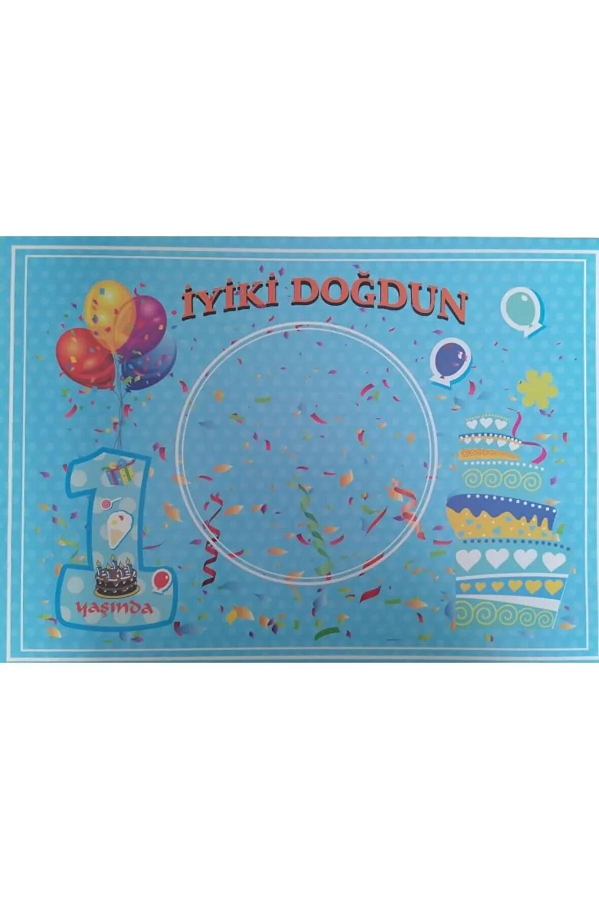 1 Yaş Iyiki Doğdun Mavi Amerikan Servis Kuşe Kağıda Baskılı Pastalı Balonlu Desen 8 Adet 32*44 Cm