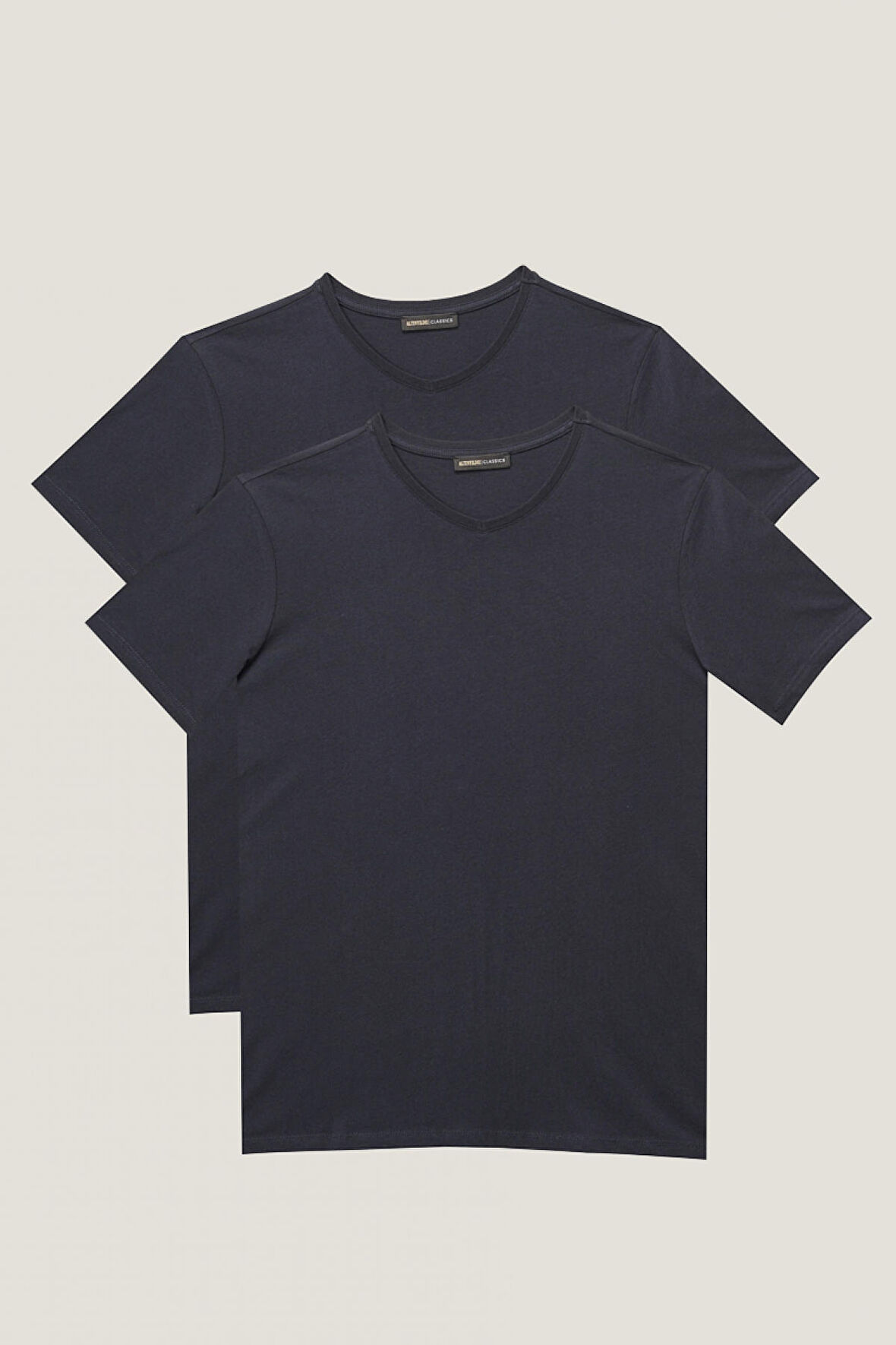 Erkek Lacivert Slim Fit Dar Kesim V Yaka %100 Pamuk 2'li Tişört Paketi