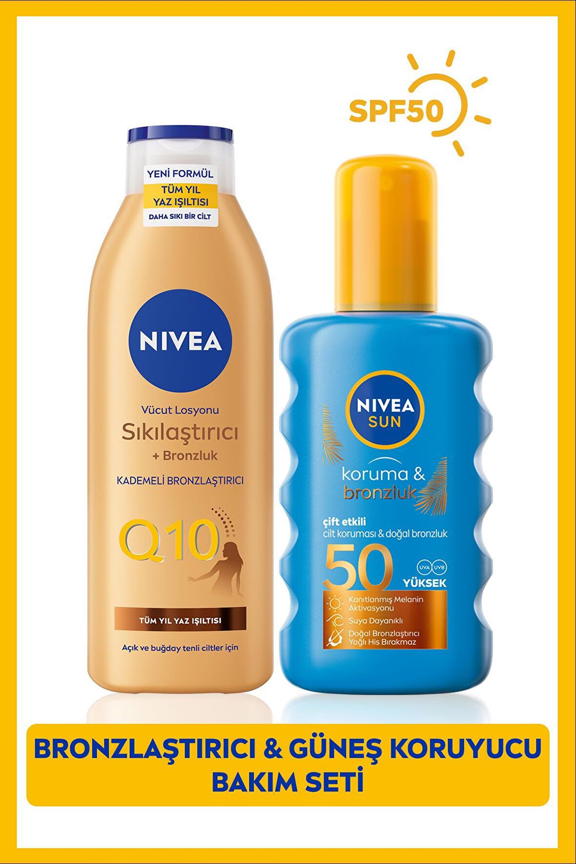 Nivea Sun Koruma Bronzluk Güneş Spreyi 200ml Ve Q10 Sıkılaştırıcı Bronzlaştırıcı Losyon 200ml,çanta Hediye