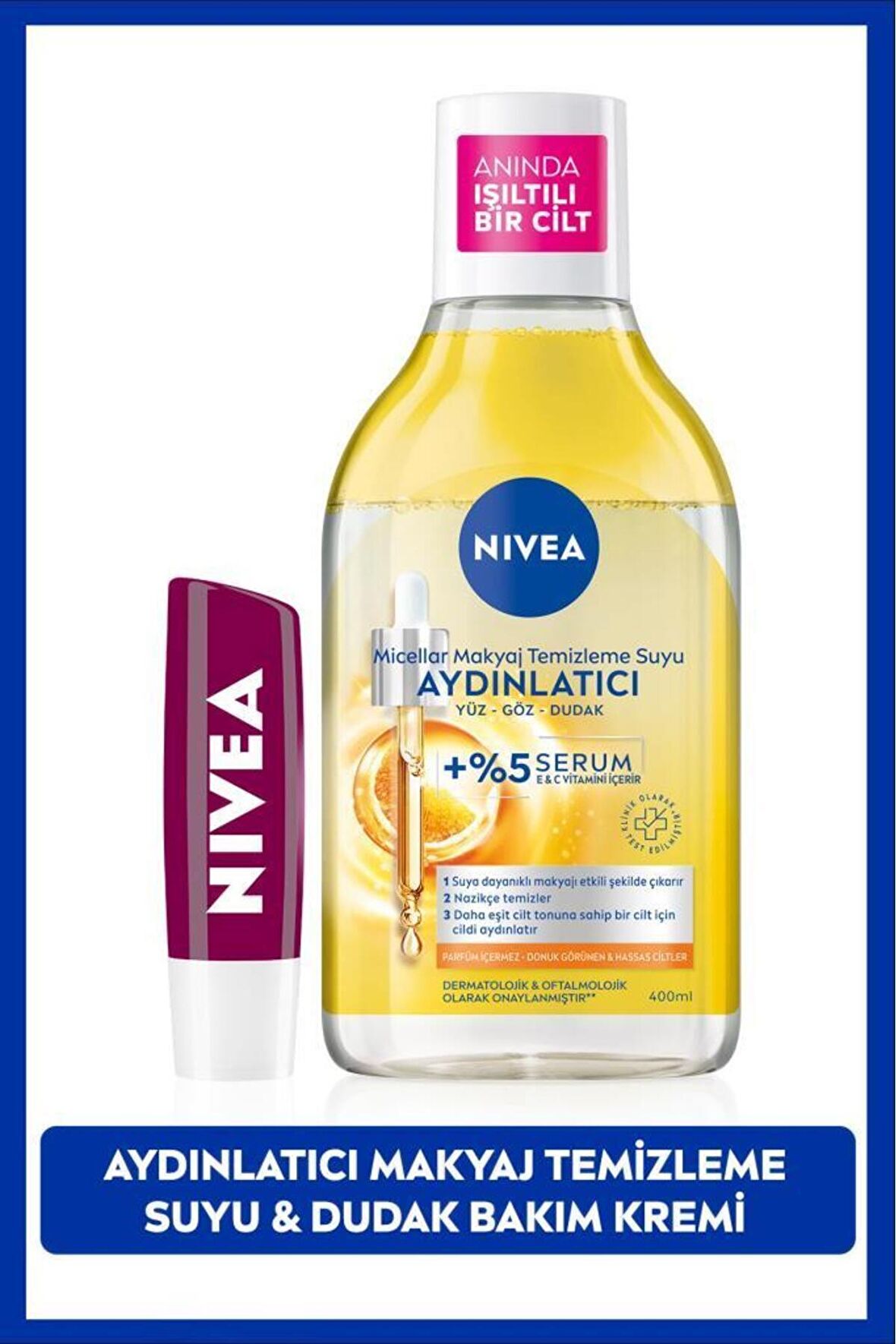 Nivea Aydınlatıcı Micellar Makyaj Temizleme Suyu 400ml ve Nemlendirici Böğürtlen Dudak Bakım Kremi 4,8gr