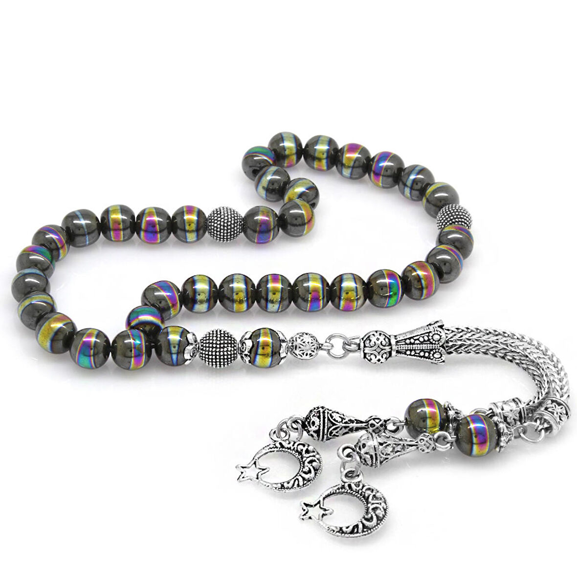 Kararmaz Metal Püsküllü Küre Kesim Multicolor Hematit Doğaltaş Tesbih
