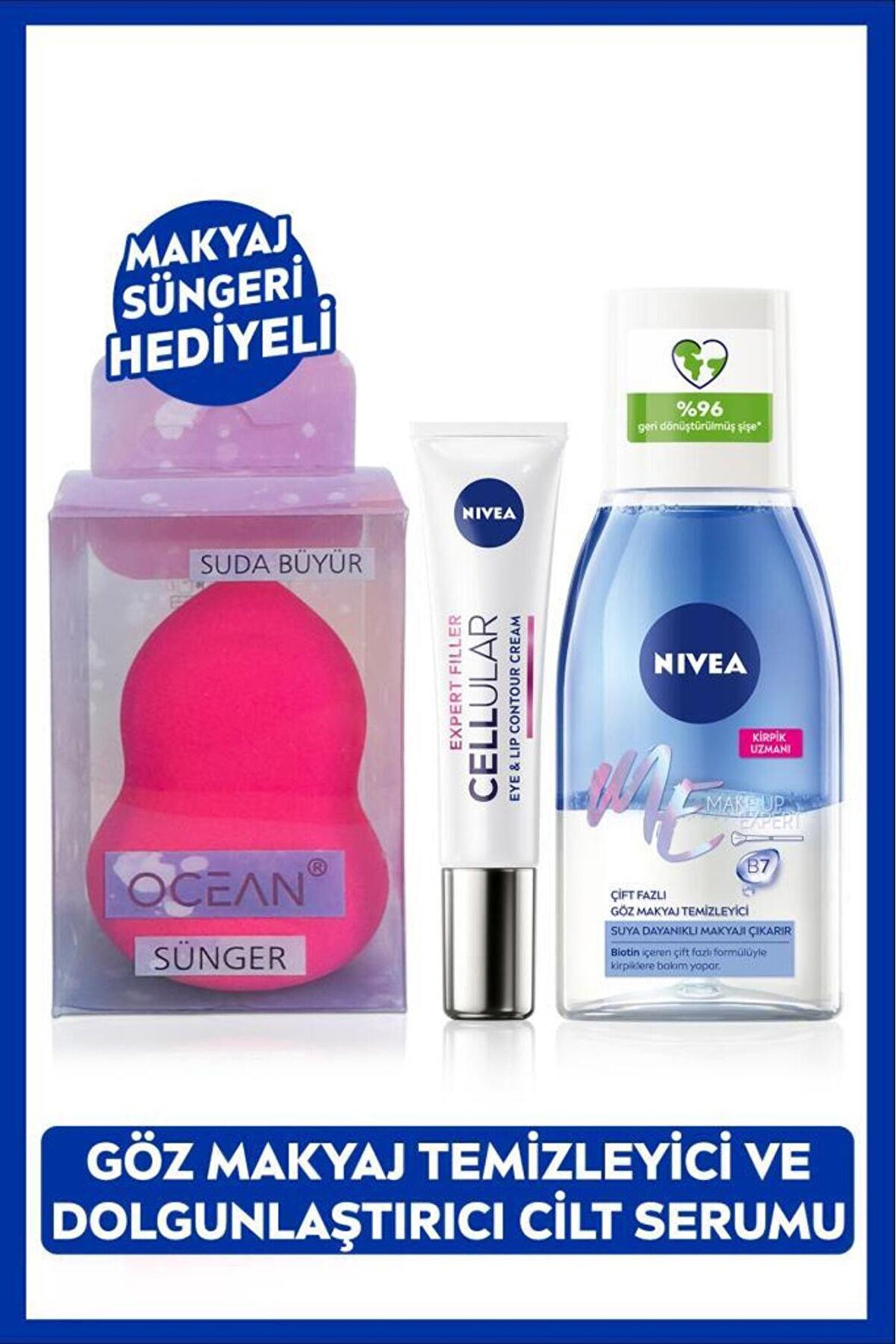 Nivea Çift Etkili Göz Makyaj Temizleyici 125ml ve Cellular Göz Bakım Kremi 15ml, Makyaj Süngeri Hediyeli