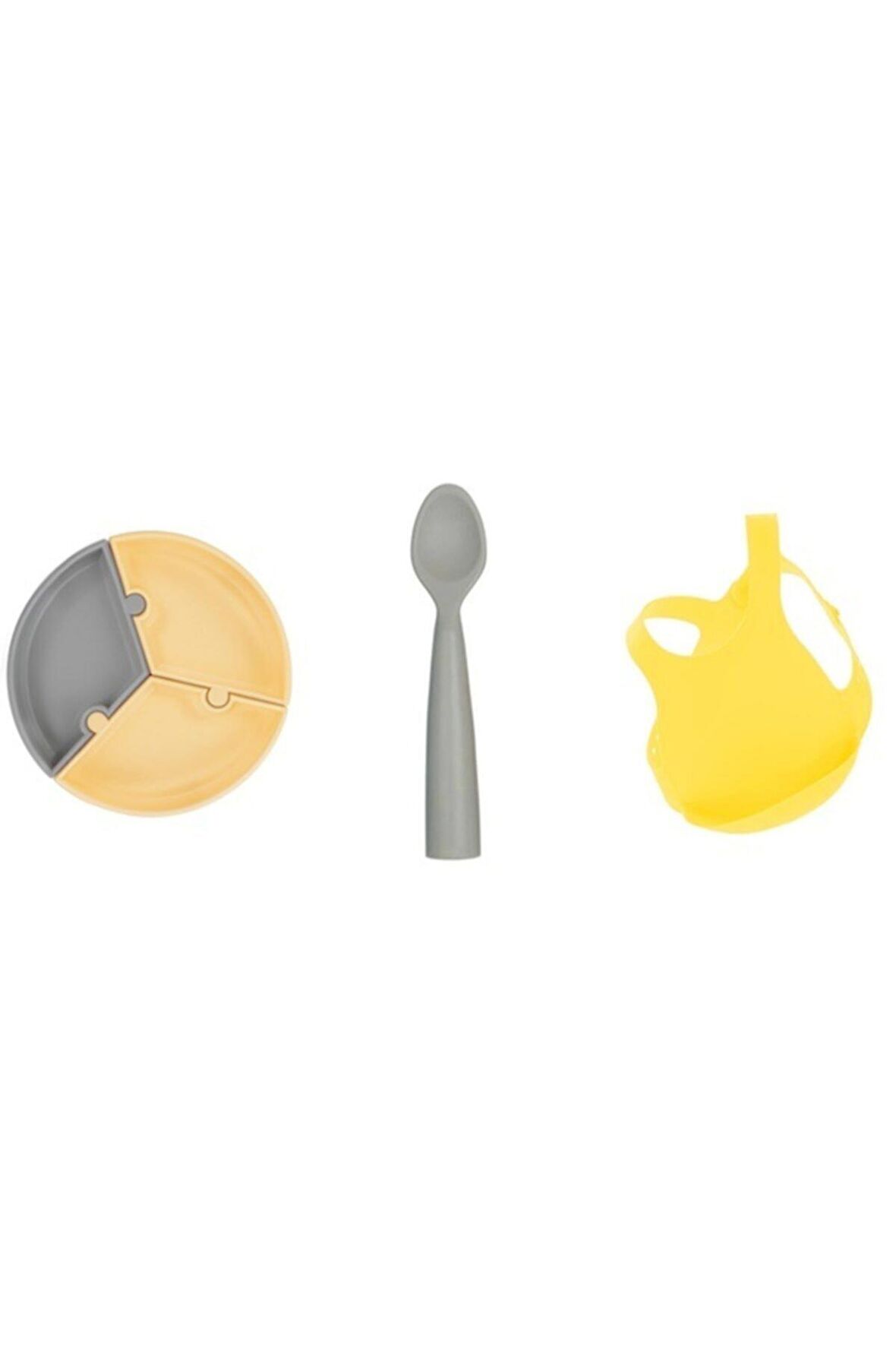 3'lü Set Puzzle Tabak, Nam Nam Kaşık Gri, Silikon Mama Önlüğü Sarı