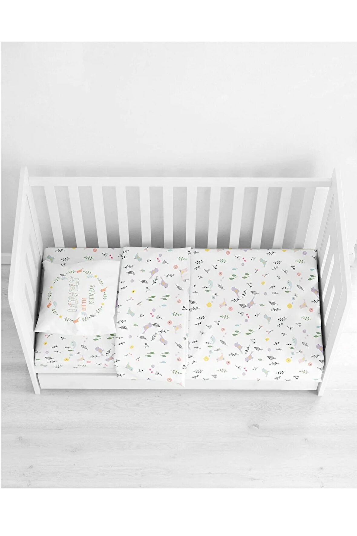 Makiteks Yuzde Yuz Pamuklu Kuşlar Ranforce Bebek Nevresim Çarşaf ve Yastık Kılıfı Takımı
