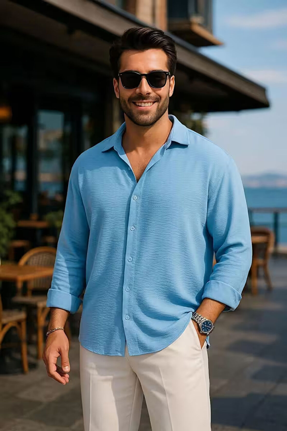 Erkek Bebe Mavisi Keten Bol Kalıp Uzun Kollu Dokulu Yazlık Oversize Aerobin Gömlek
