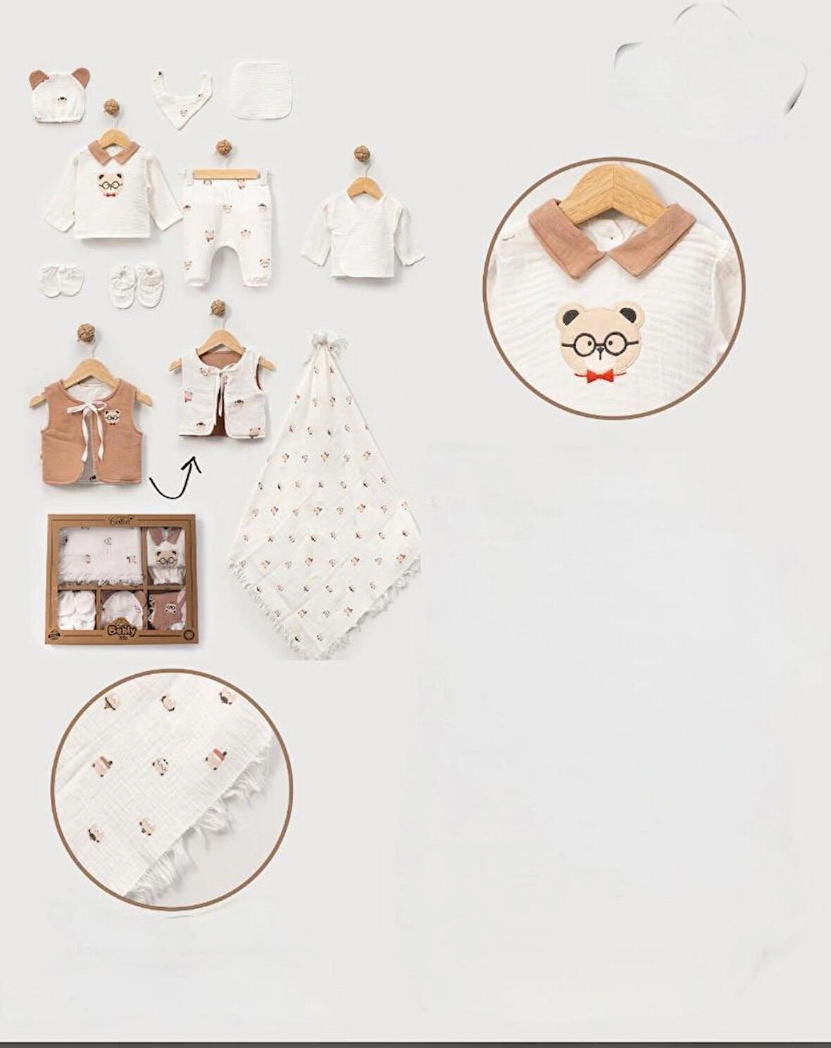 10 PARÇA MÜSLİN KUMAŞ  ERKEK BEBEK TAKIM GÖZLÜKLÜ AYICIK MODEL