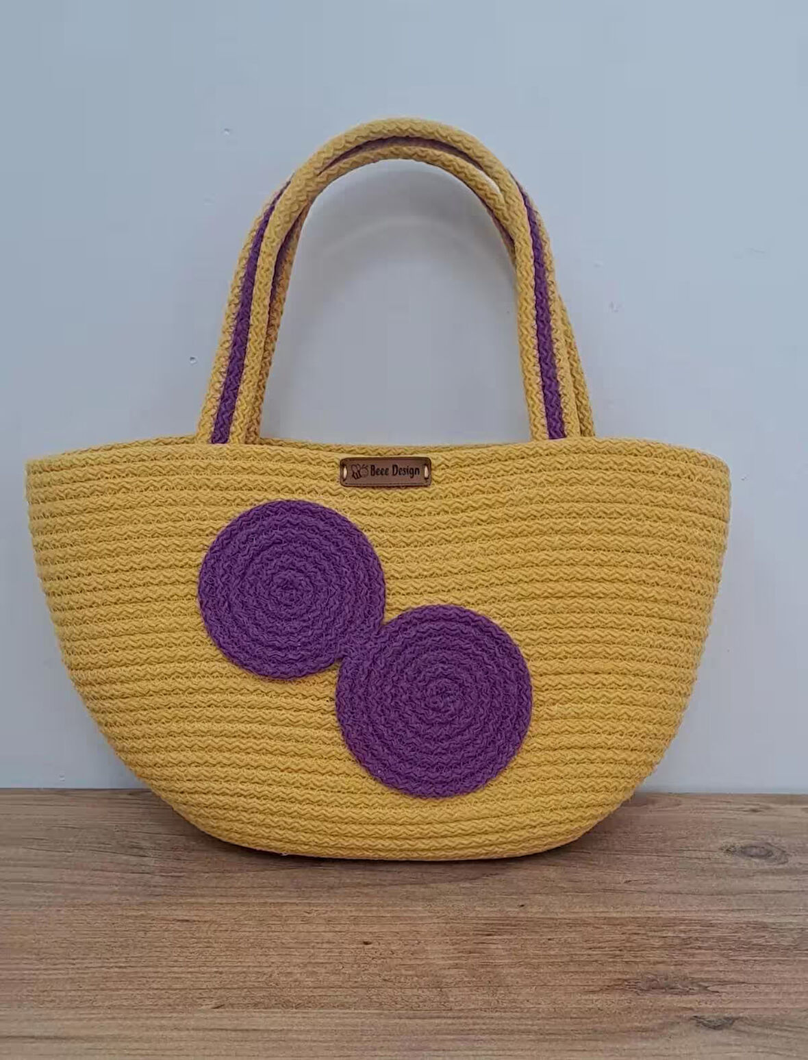 handmade sarı el çantası (mor detaylı)
