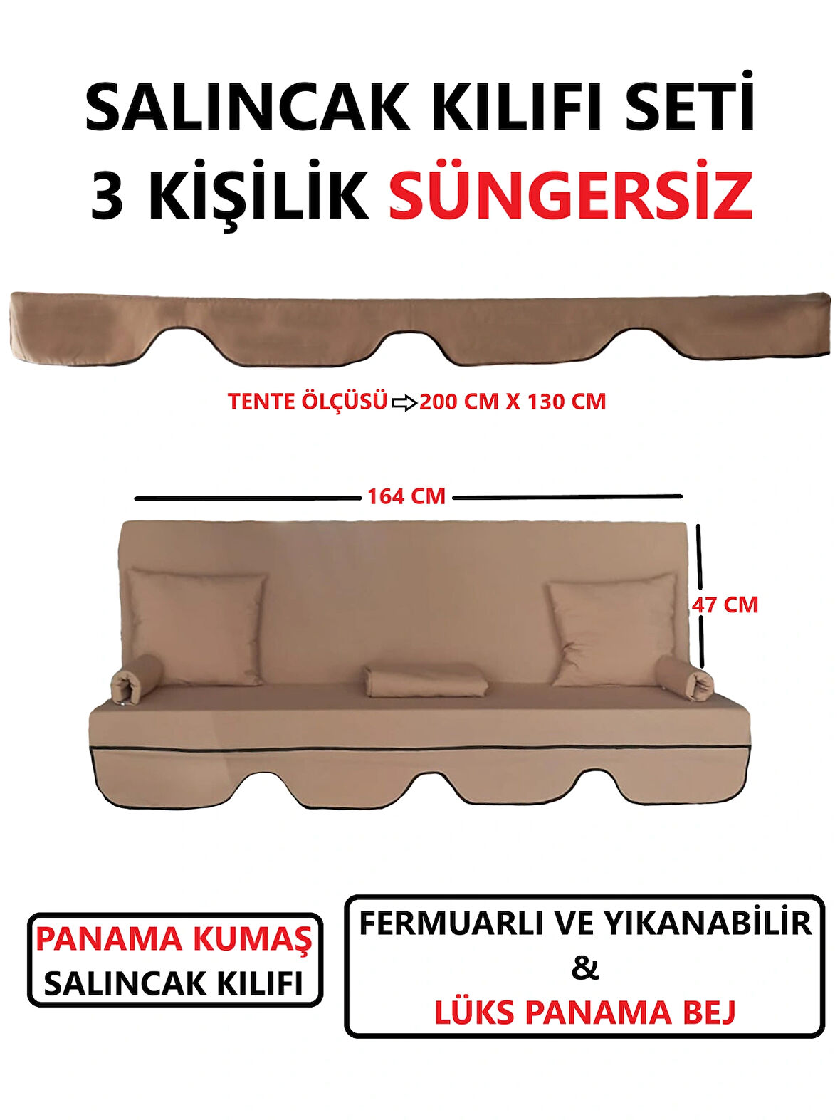 Salıncak Kılıfı Seti Tenteli Süngersiz (164X47) 3 Kişilik Lüks Panama Bej Renk