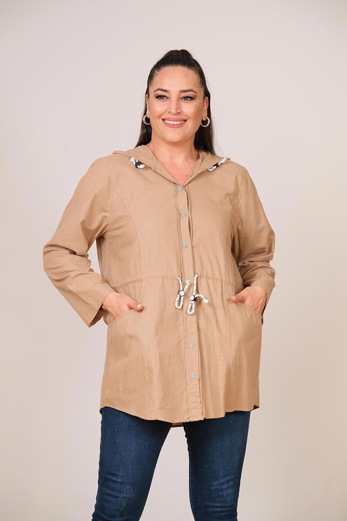 Büyük Beden Kapüşonlu %100 Pamuk Kadın Gömlek