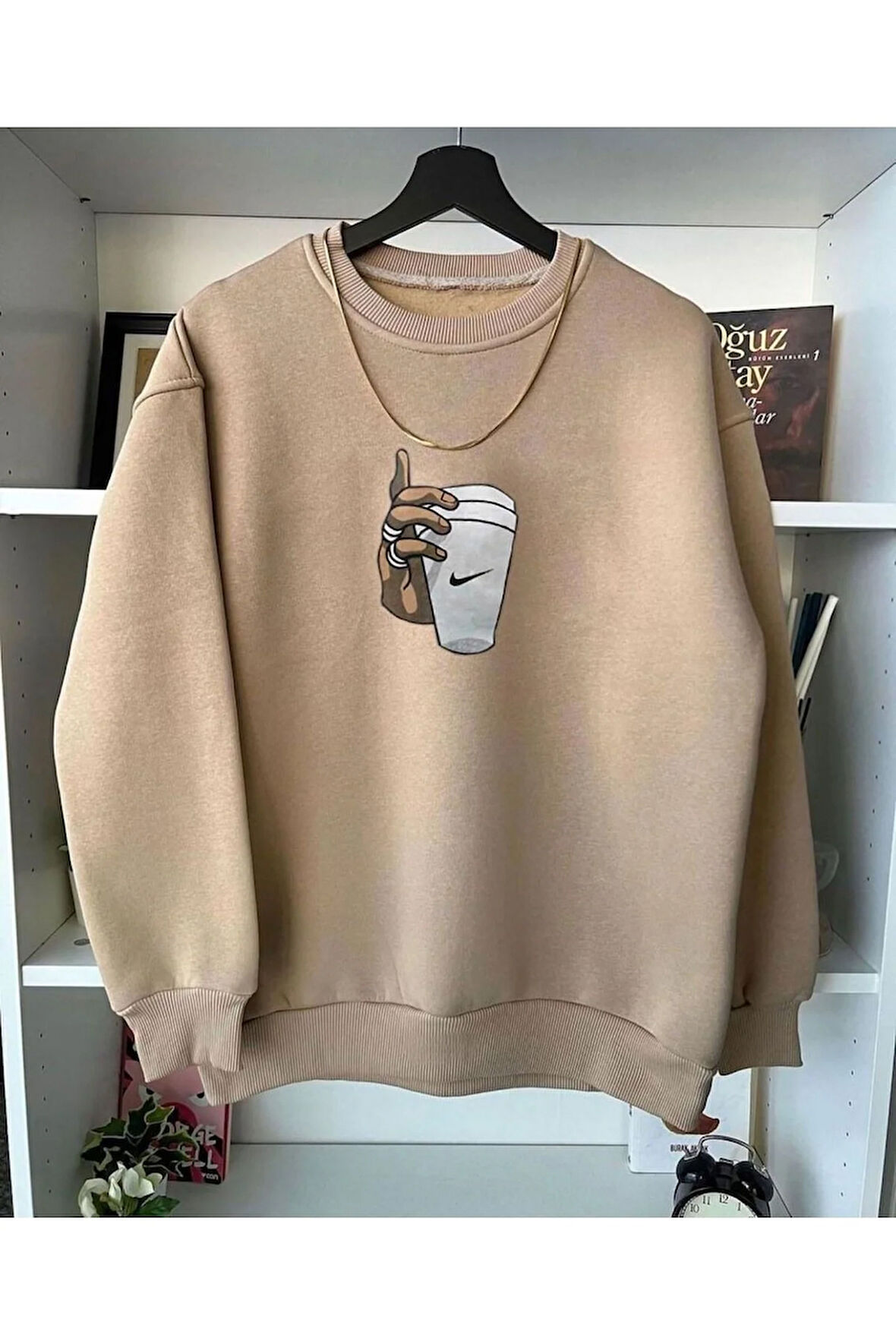 Unisex Bej Bardak Baskılı Bisiklet Yaka Sweatshirt