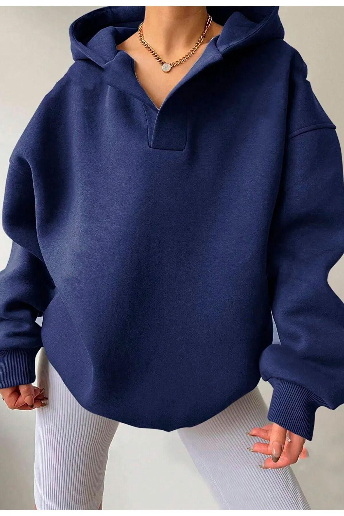 Oversize Kadın Yaka Detaylı Lacivert Kapüşonlu Sweatshirt