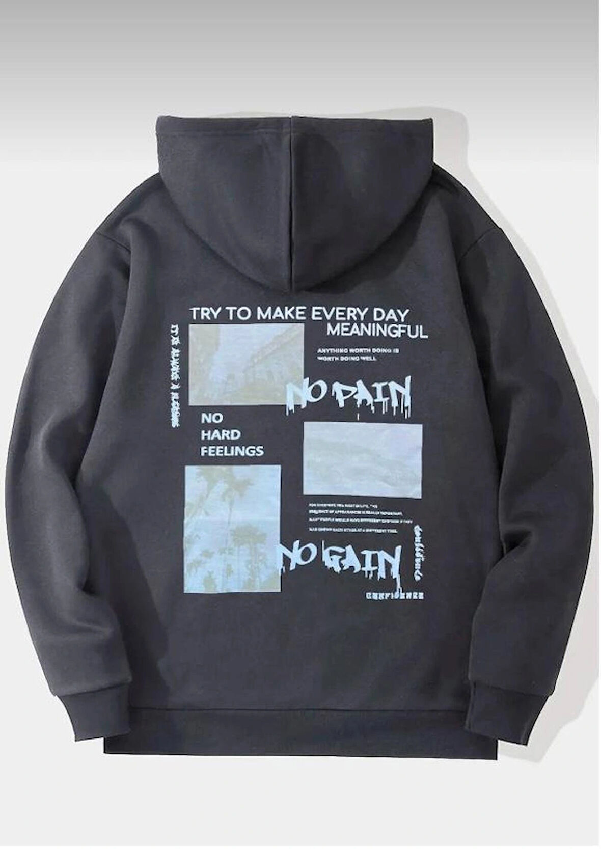 Oversize Unisex No Pain Baskılı Antrasit Kapüşonlu Sweatshirt