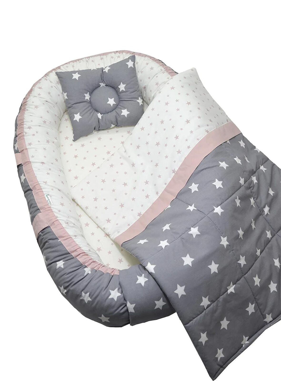 Berababy Babynest Pikeli Gri ve Pudra Kombin Bebek Yuvası 3 Parça Set