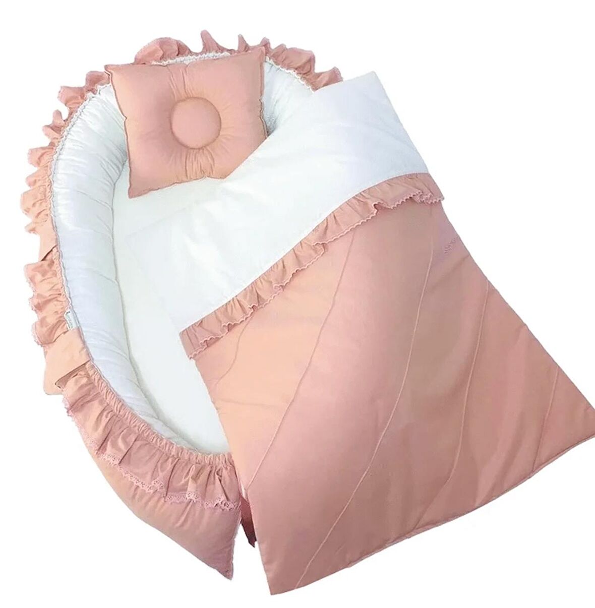 Berababy Babynest Fırfırlı Pikeli Pudra Beyaz Kombin Bebek Yuvası 3 Parça Set