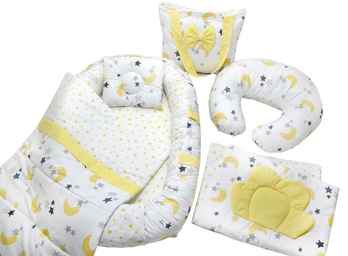 Berababy Babynest Emzirme Yastıklı Sarı Ay Model Bebek Yuvası 6 Parça Set