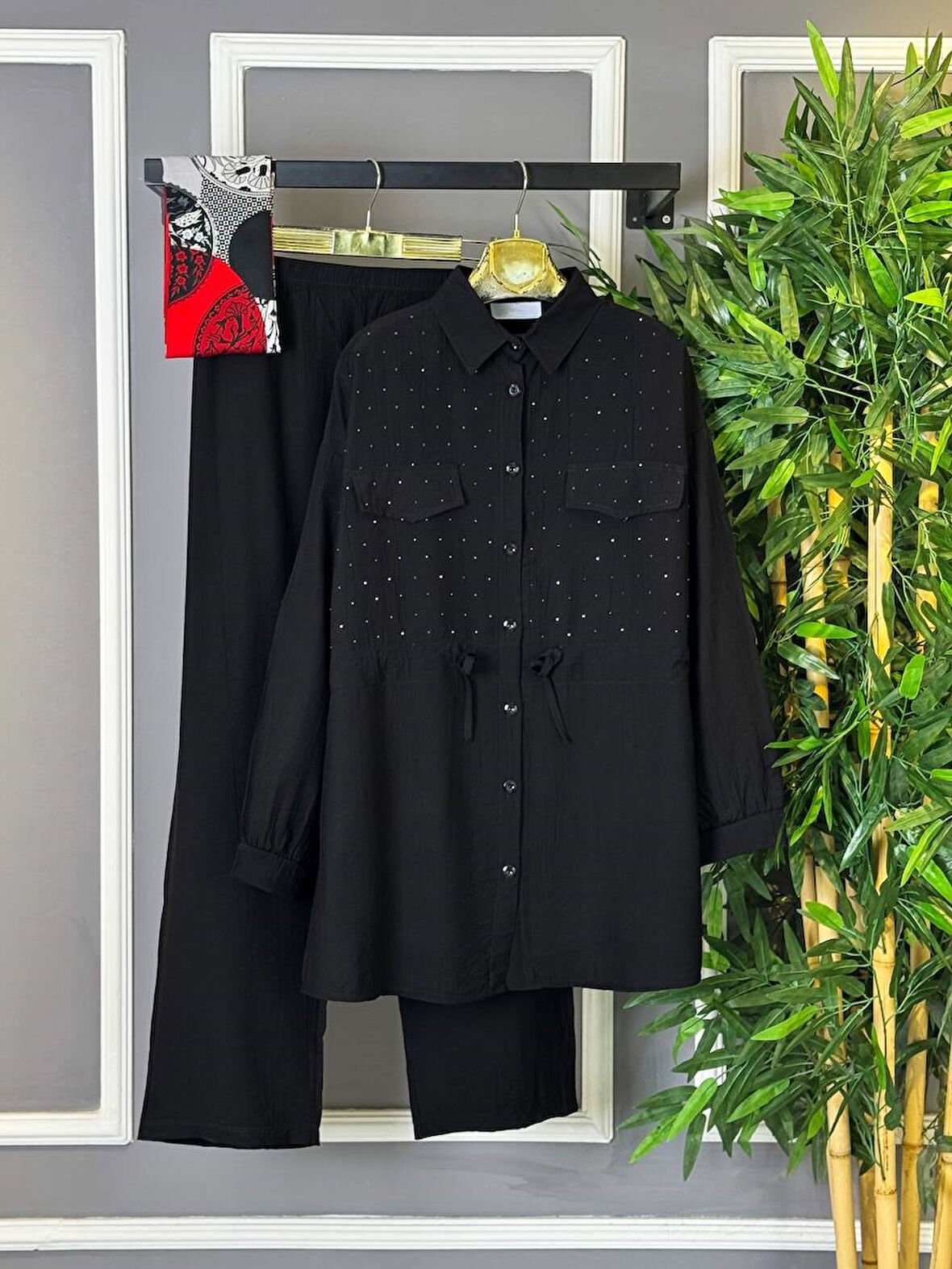 YENİ SEZON CEP DETAYLI İKİLİ TAKIM - TESETTÜR MİNİ TAŞLI ALT ÜST TAKIM