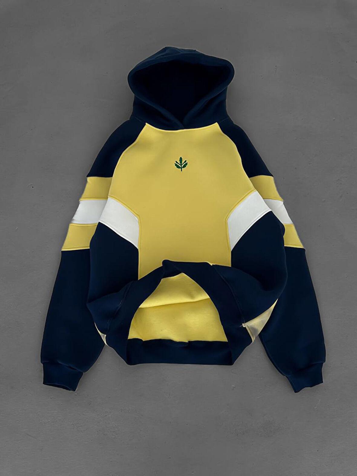 KAPÜŞONLU SARI LACİVERT ÇİZGİLİ OVERSIZE SWEATSHIRT - ŞARDONLU KALİTELİ SWEAT