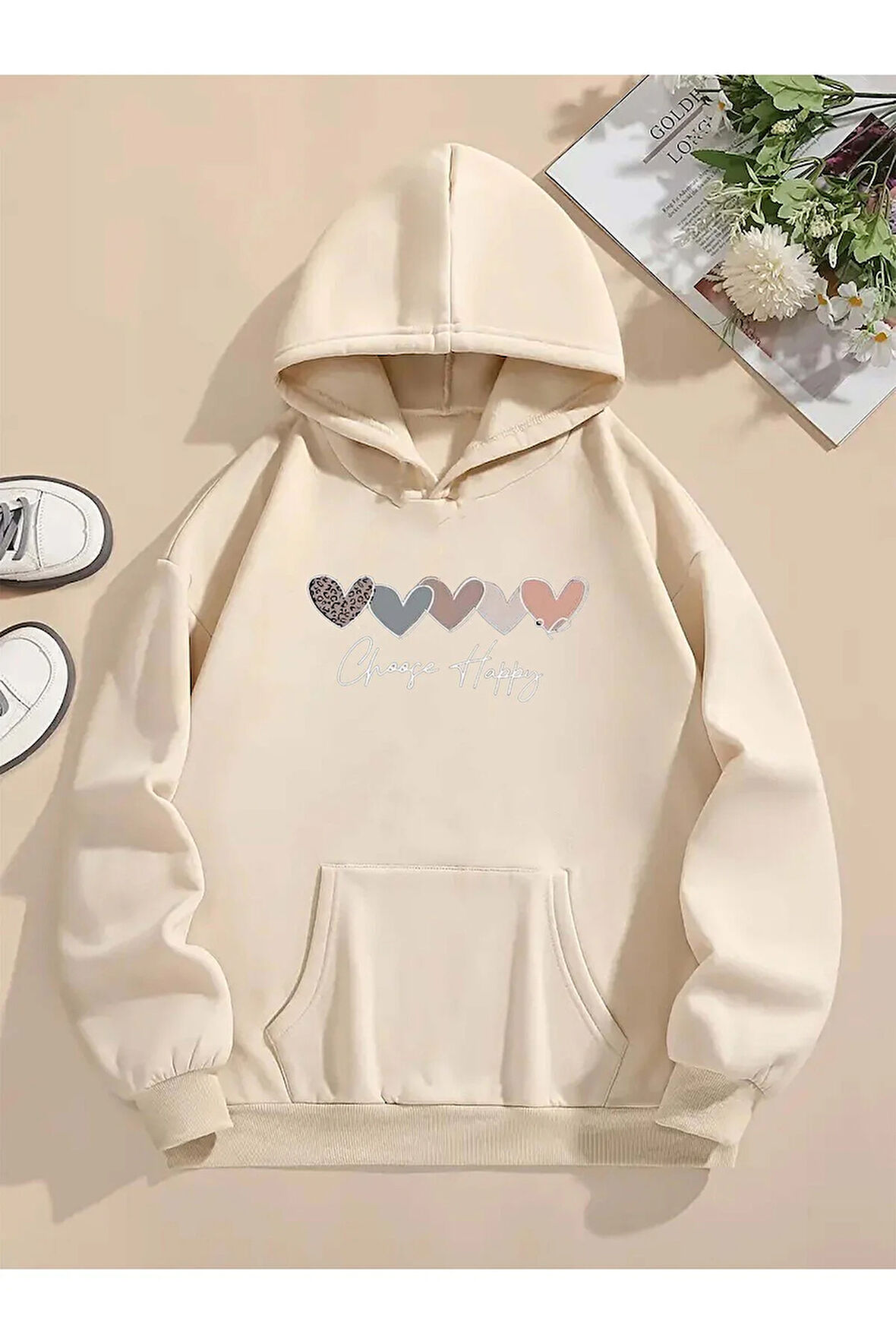 Kelebek Desenli Kapüşonlu Cepli Sweatshirt