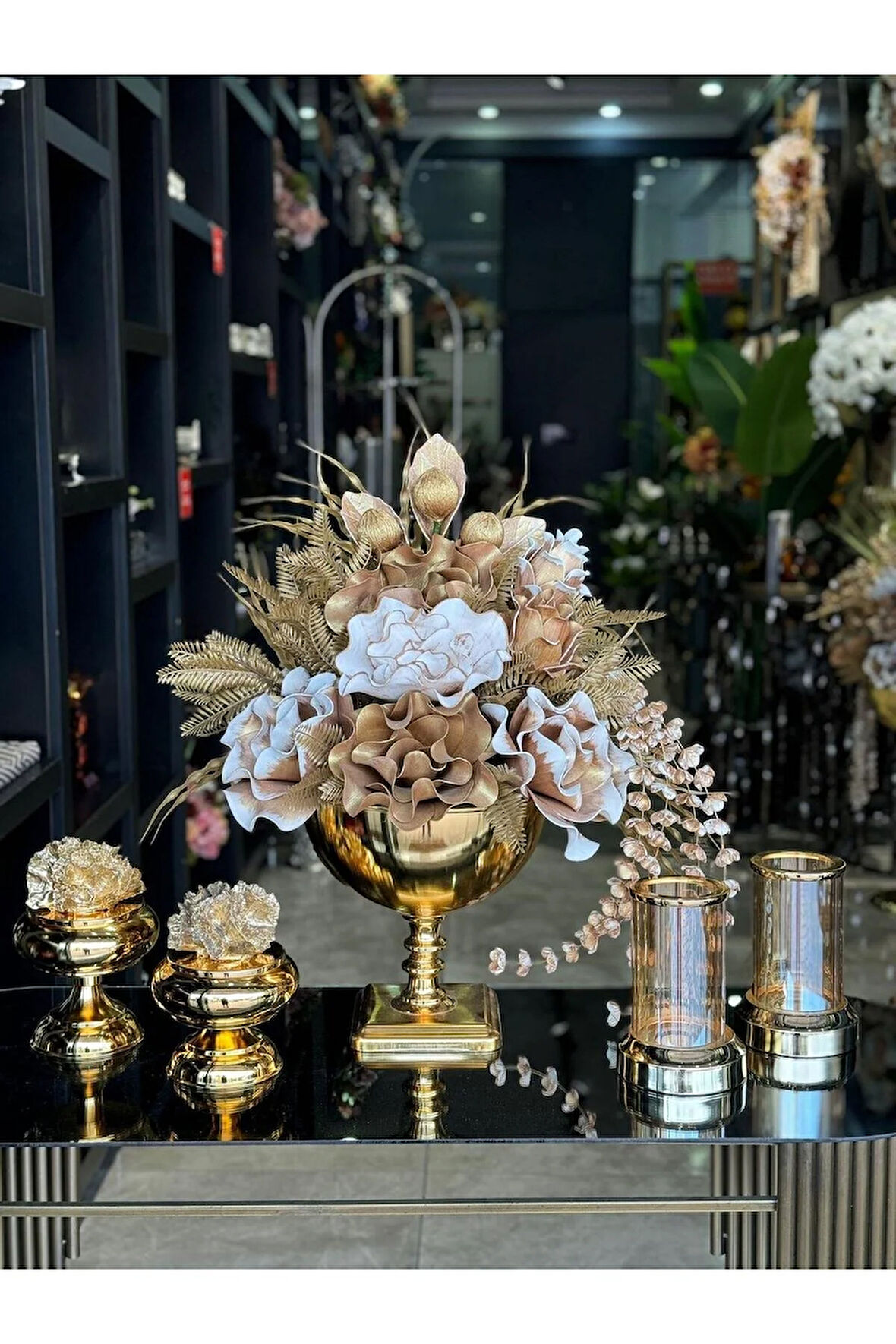 Yapay Çiçekli Gold Kare Ayak Vazo 5 Parça Set No:6