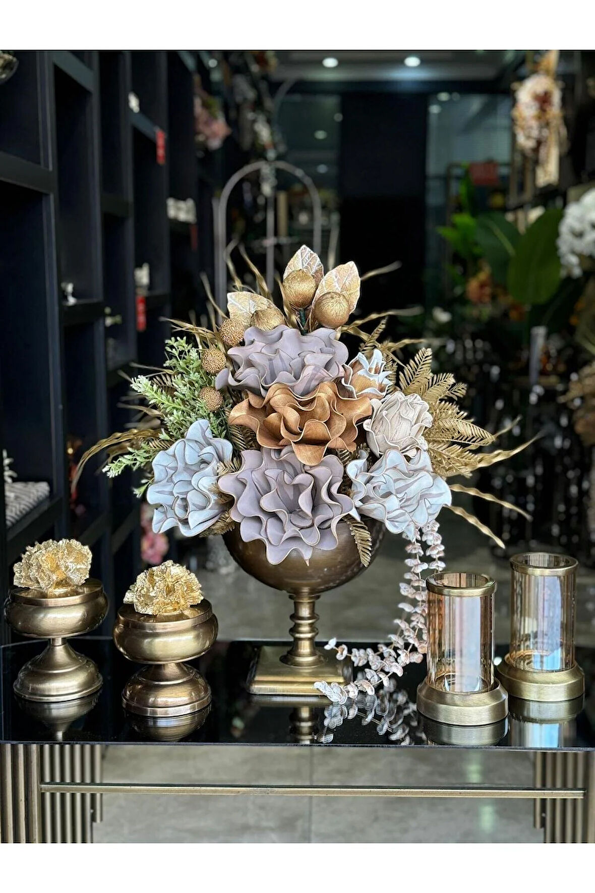 Yapay Çiçekli Antik Kare Ayak Vazo 5 Parça Set No:1