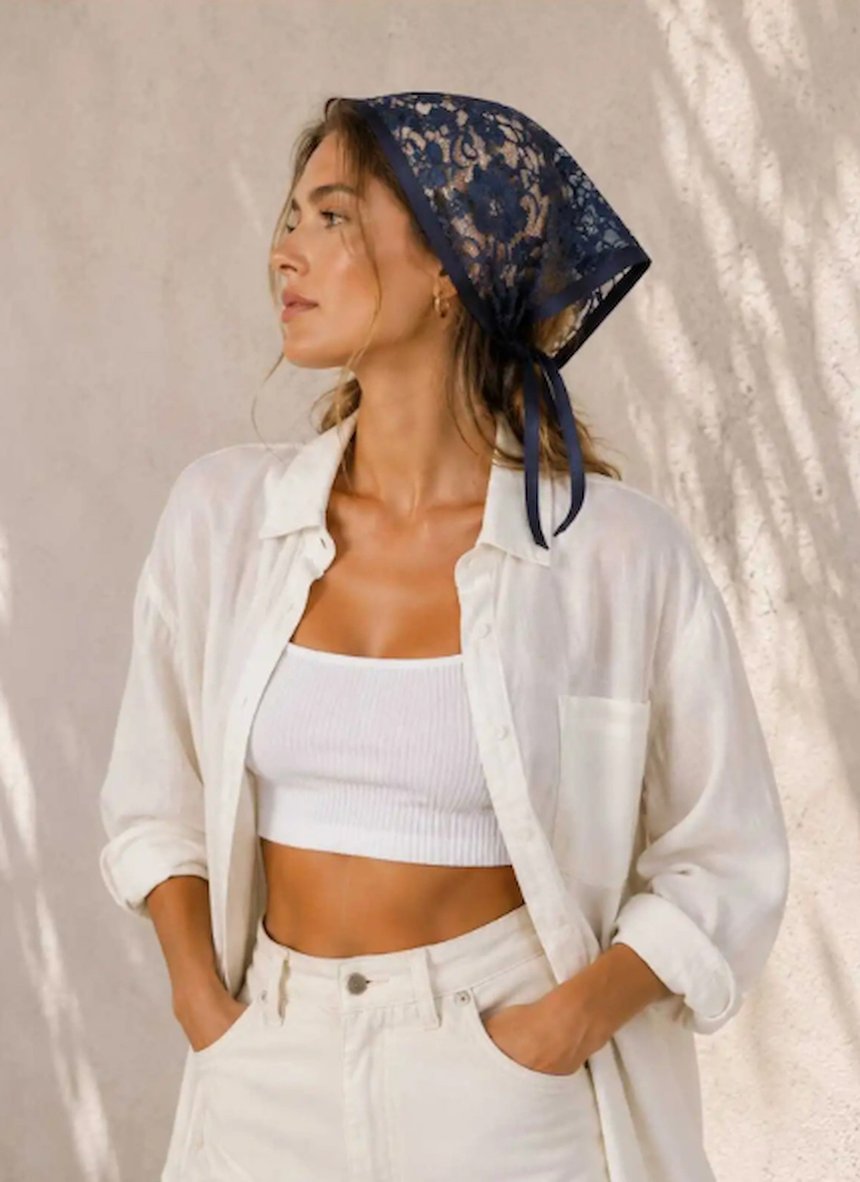 Betty Bands Lacivert Dantel Üçgen Bandana Bağlamalı Vintage Fular Kemer Eşarp Bohem Kadın Saç Aksesuarı Şık Saç Örtüsü Bandanası