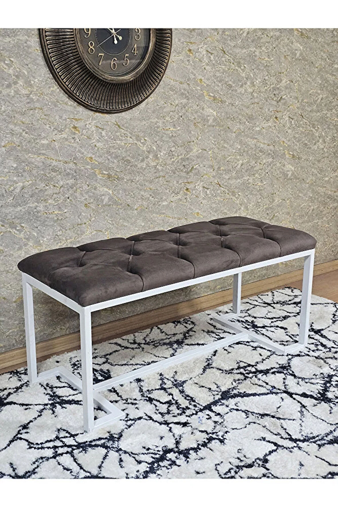 Beyaz Boyalı - L - Ayaklı 100 cm x 38 cm Oturak - Bench - Makyaj Taburesi - Makyaj Oturak Kahverengi Renk 100 x 40 Boyut/Ebat