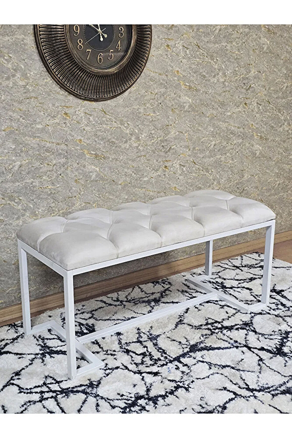 Beyaz Boyalı - L - Ayaklı 100 cm x 38 cm Oturak - Bench - Makyaj Taburesi - Makyaj Oturak Krem Renk 100 x 40 Boyut/Ebat
