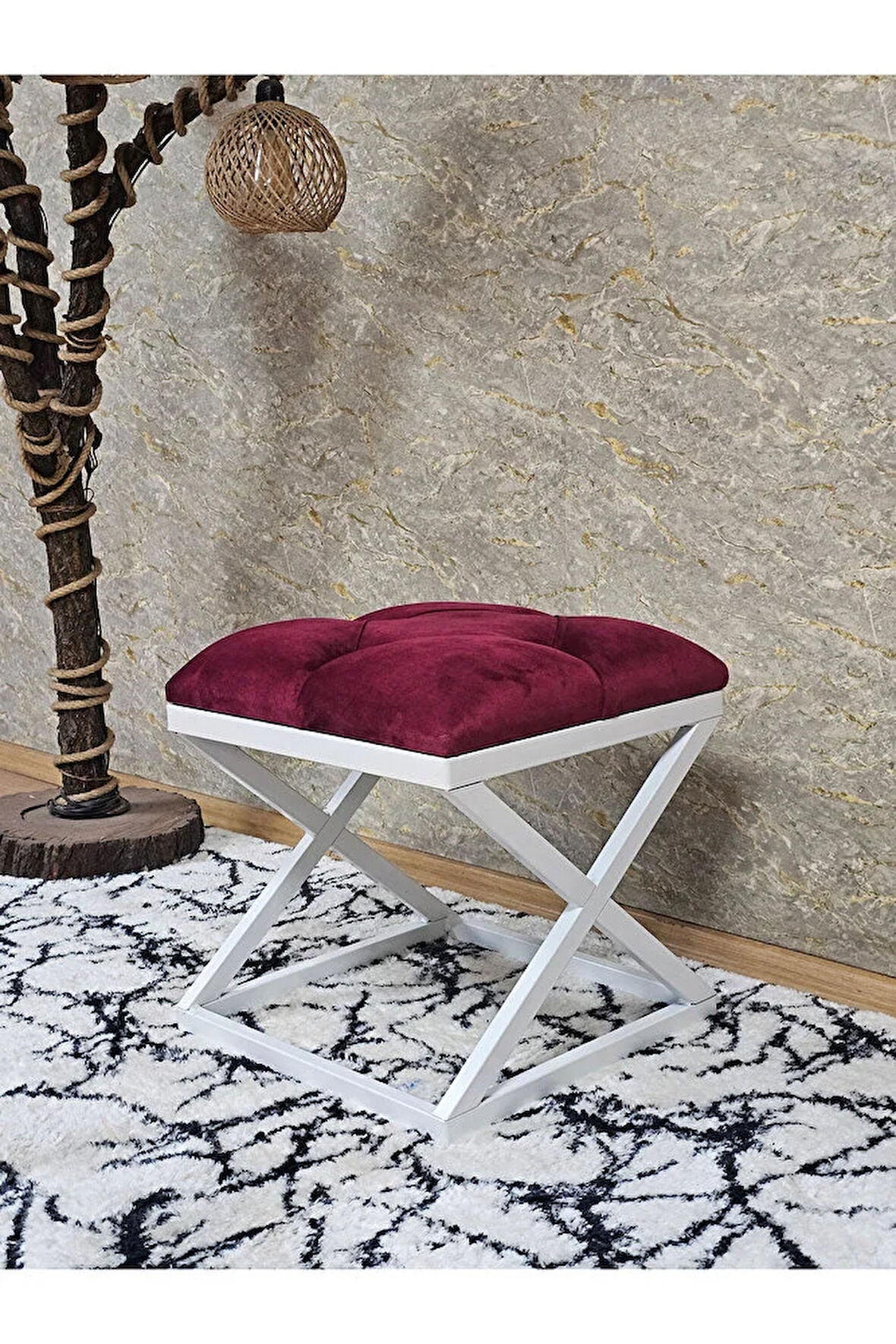 Beyaz Boyalı 45 cm x 45 cm Çaprazlı Puf Bench Oturak Bordo Renk 45 x 45 Boyut/Ebat