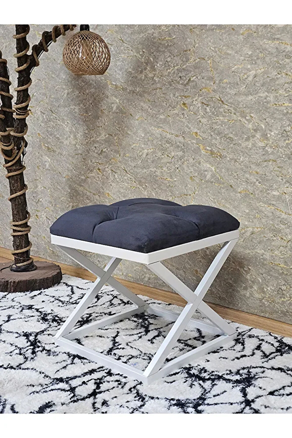 Beyaz Boyalı 45 cm x 45 cm Çaprazlı Puf Bench Oturak Füme Renk 45 x 45 Boyut/Ebat