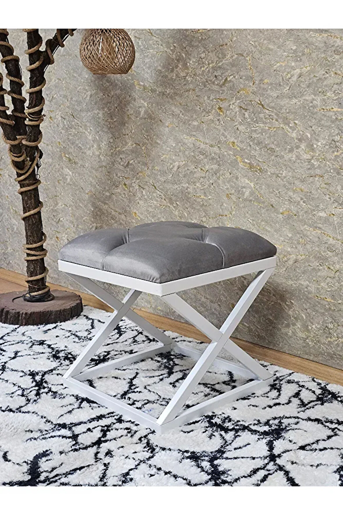 Beyaz Boyalı 45 cm x 45 cm Çaprazlı Puf Bench Oturak Gri Renk 45 x 45 Boyut/Ebat