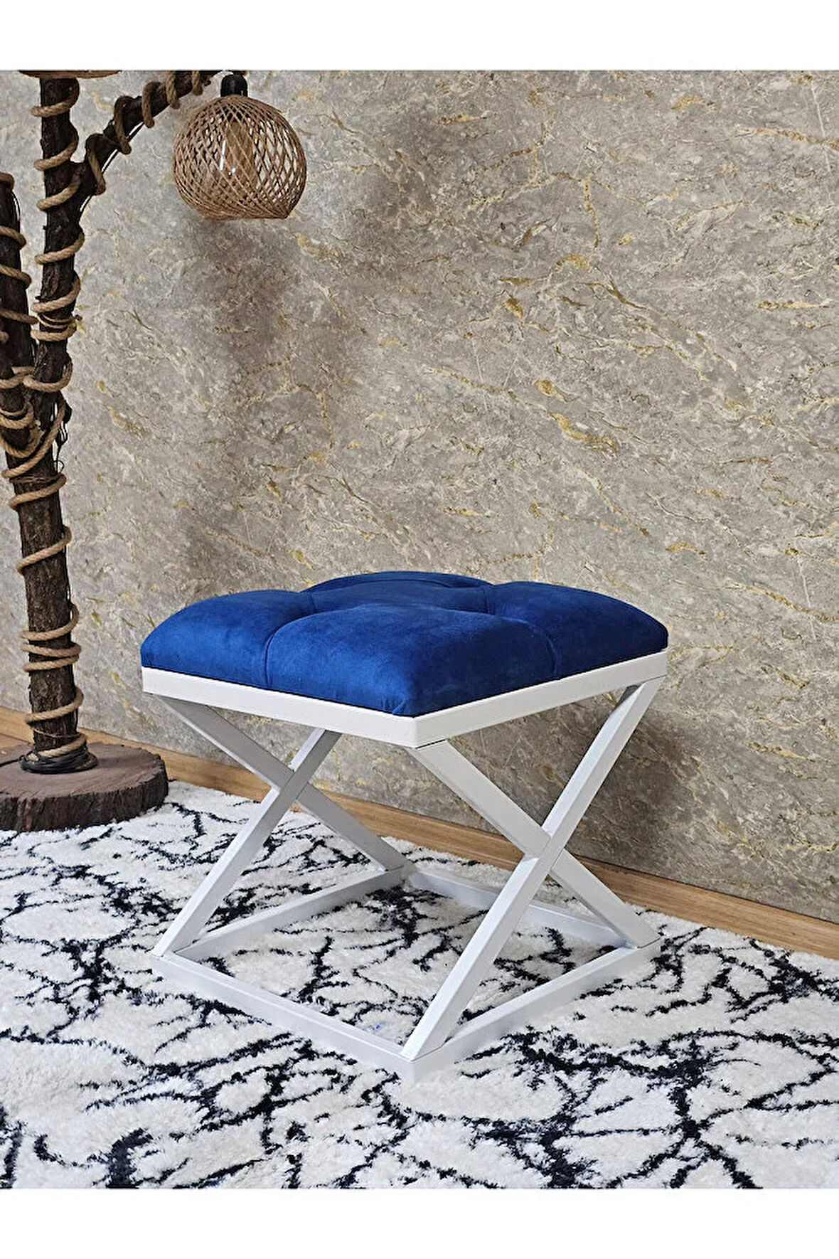 Beyaz Boyalı 45 cm x 45 cm Çaprazlı Puf Bench Oturak Mavi Renk 45 x 45 Boyut/Ebat