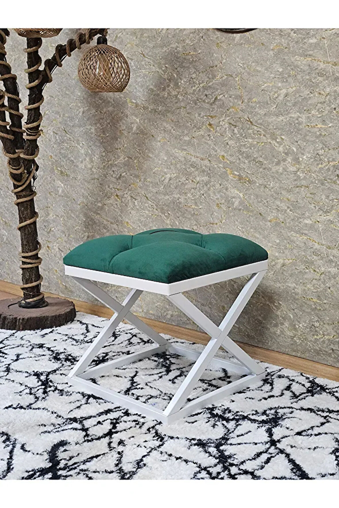 Beyaz Boyalı 45 cm x 45 cm Çaprazlı Puf Bench Oturak Yeşil Renk 45 x 45 Boyut/Ebat