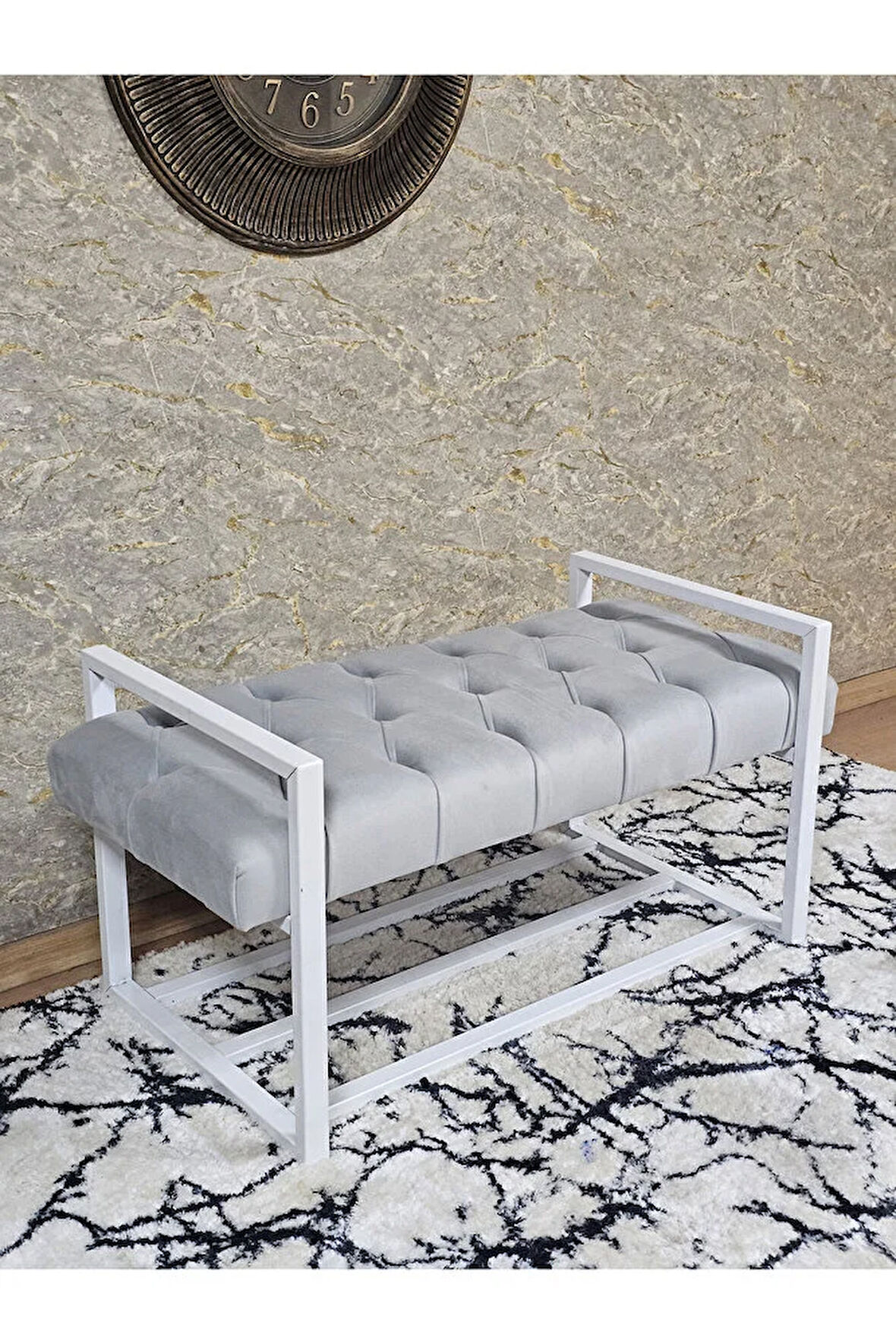 Beyaz Boyalı Metal 80 cm Puf Bench - Antre Puf - Hol Bench - Puf - Oturak - Bench Gri Renk 90 x 45 Boyut/Ebat