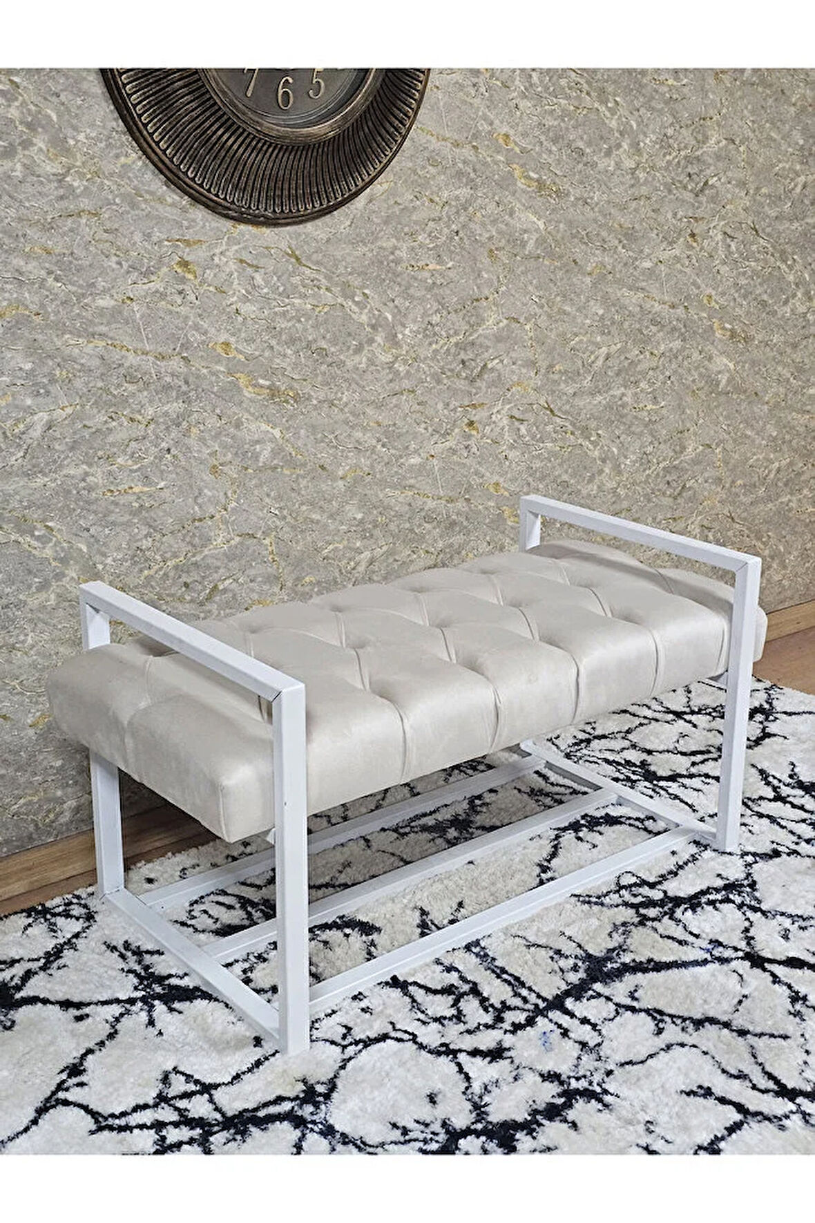 Beyaz Boyalı Metal 80 cm Puf Bench - Antre Puf - Hol Bench - Puf - Oturak - Bench Krem Renk 90 x 45 Boyut/Ebat