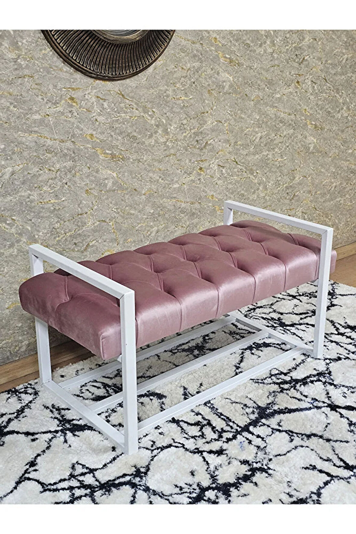 Beyaz Boyalı Metal 80 cm Puf Bench - Antre Puf - Hol Bench - Puf - Oturak - Bench Pembe Renk 90 x 45 Boyut/Ebat