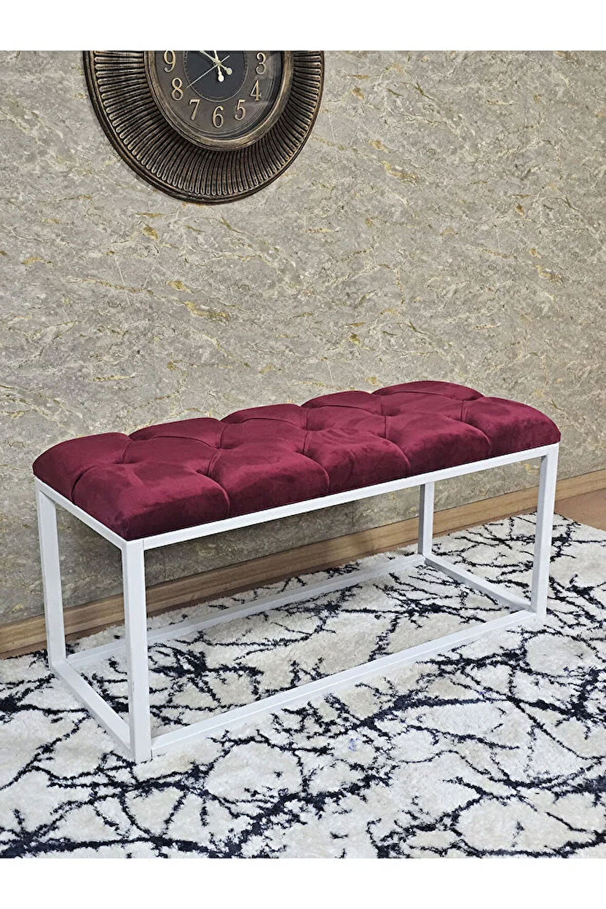Beyaz Boyalı Diktörtgen 100 cm x 40 cm Oturak Puf - Bench - Makyaj Oturağı - Oturak Bordo Renk 100 x 40 Boyut/Ebat