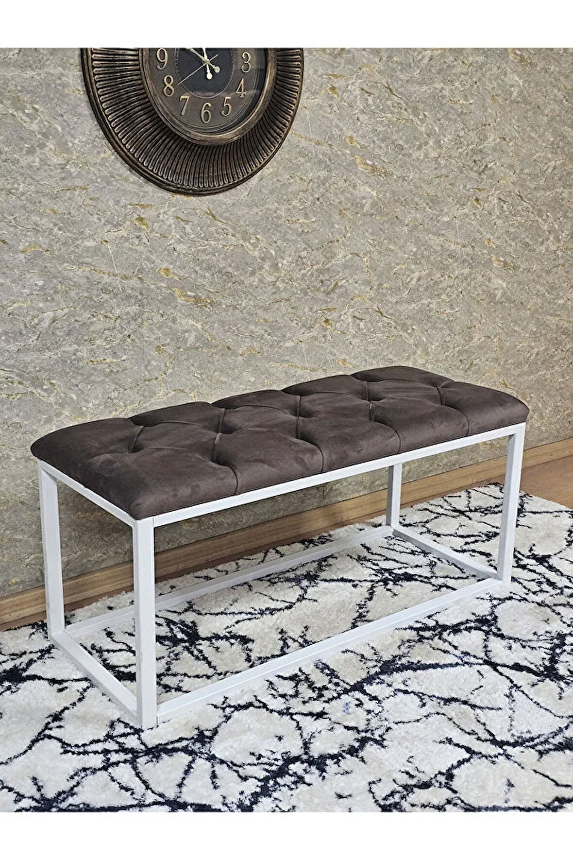 Beyaz Boyalı Diktörtgen 100 cm x 40 cm Oturak Puf - Bench - Makyaj Oturağı - Oturak Kahverengi Renk 100 x 40 Boyut/Ebat